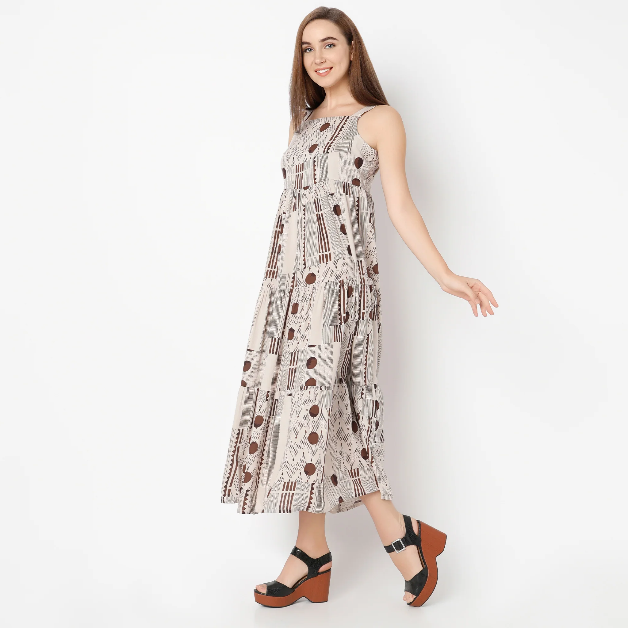 Square Neck Calf Length Flare Fit Printed Strap Dress - Image 5