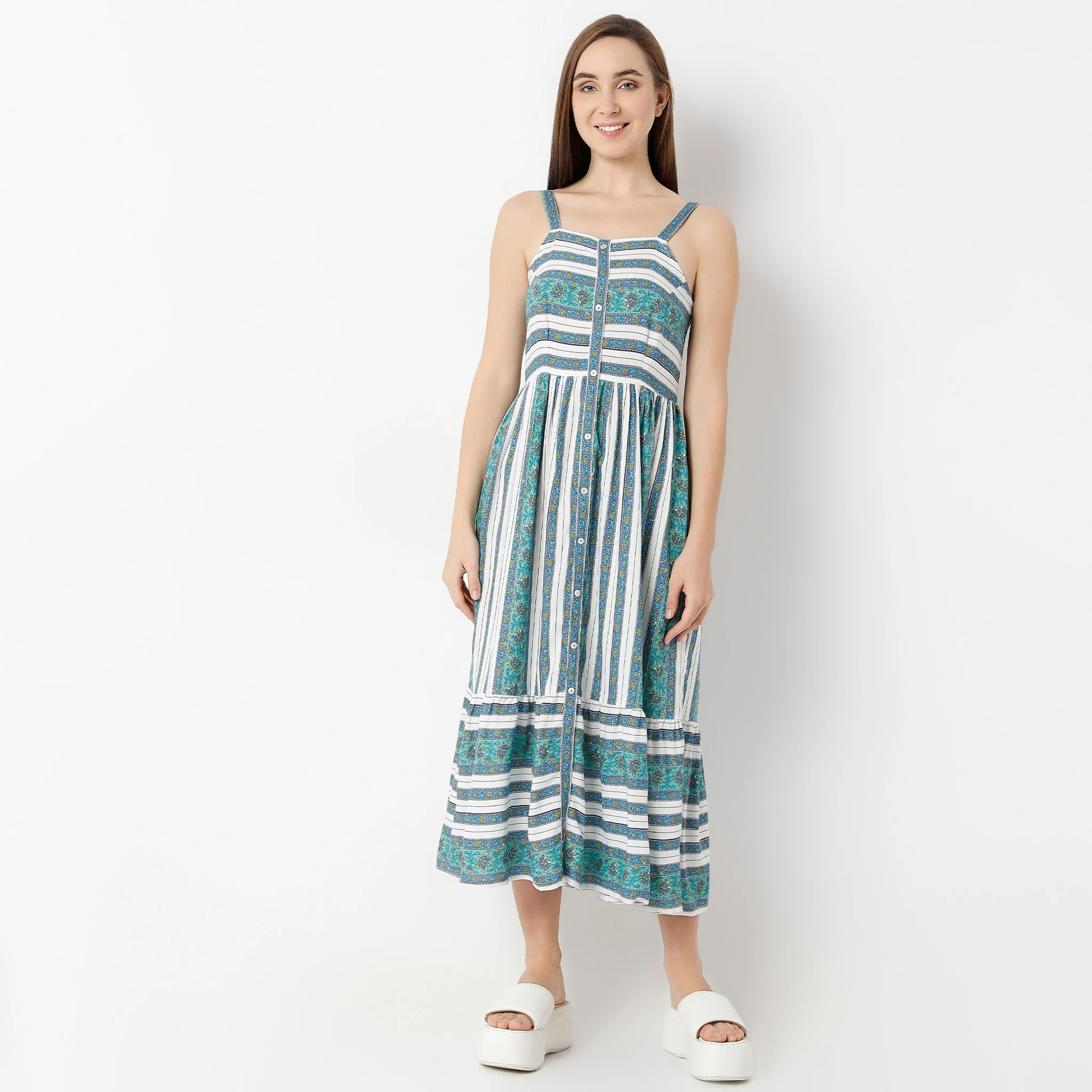 Square Neck Calf Length Sleeveless Flare Fit Printed Strap Dress - Image 2