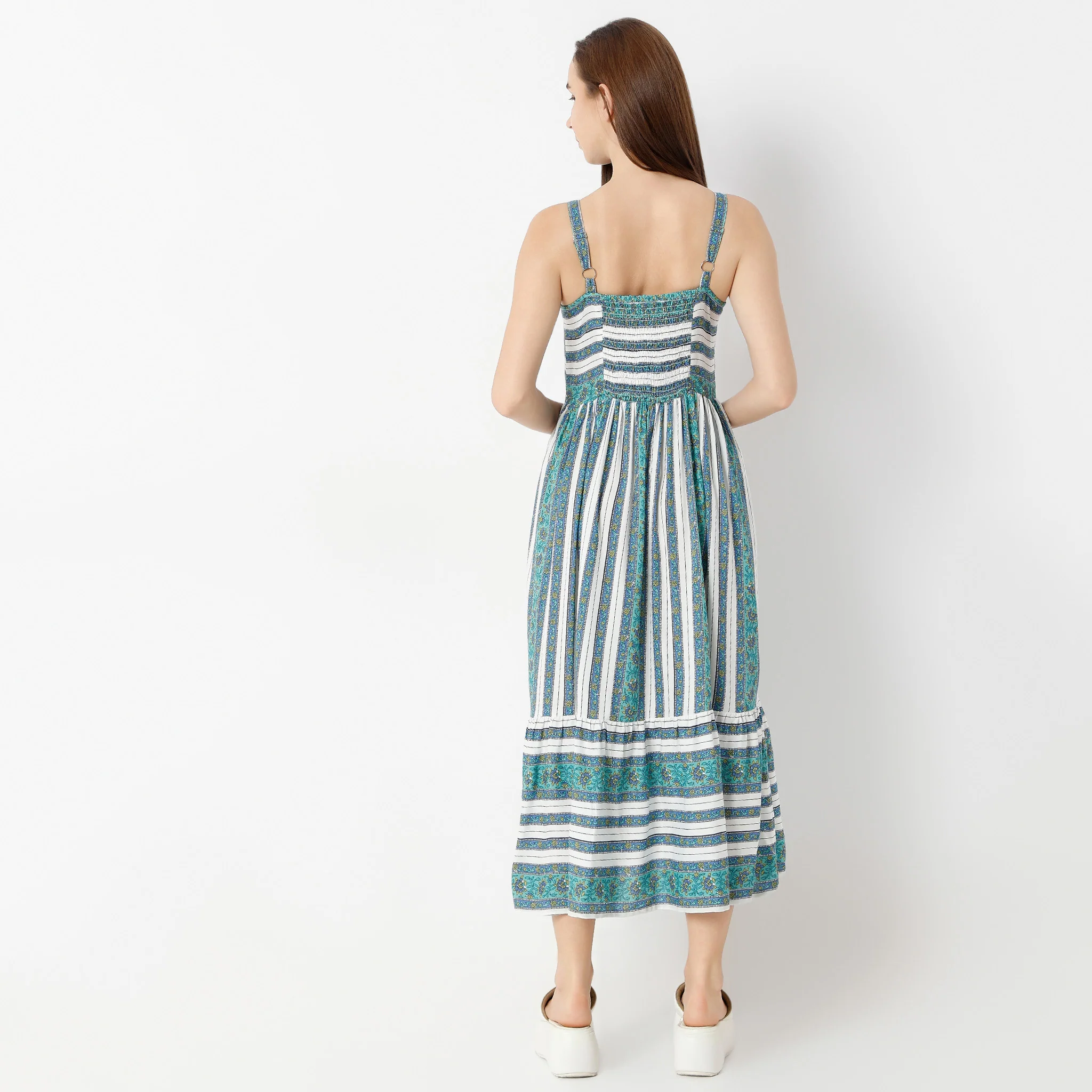 Square Neck Calf Length Sleeveless Flare Fit Printed Strap Dress - Image 3
