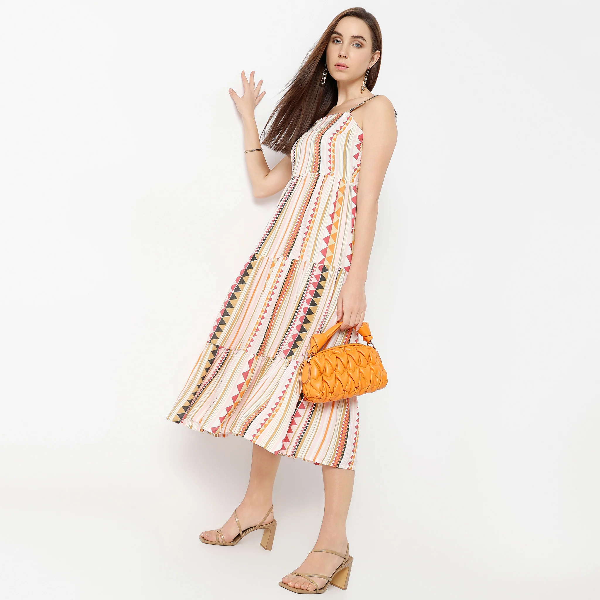 Square Neck Calf Length Sleeveless Flare Fit Printed Strap Dress