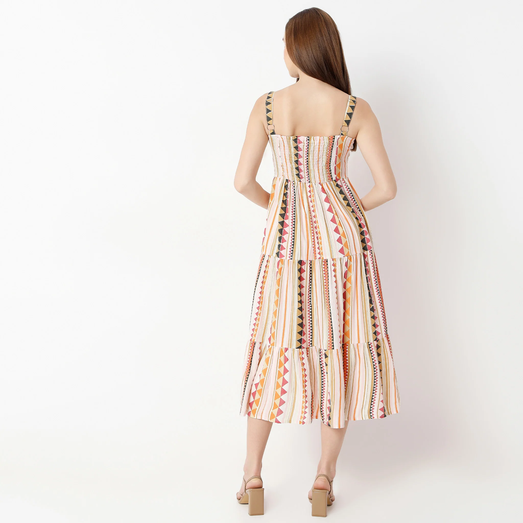 Square Neck Calf Length Sleeveless Flare Fit Printed Strap Dress - Image 3