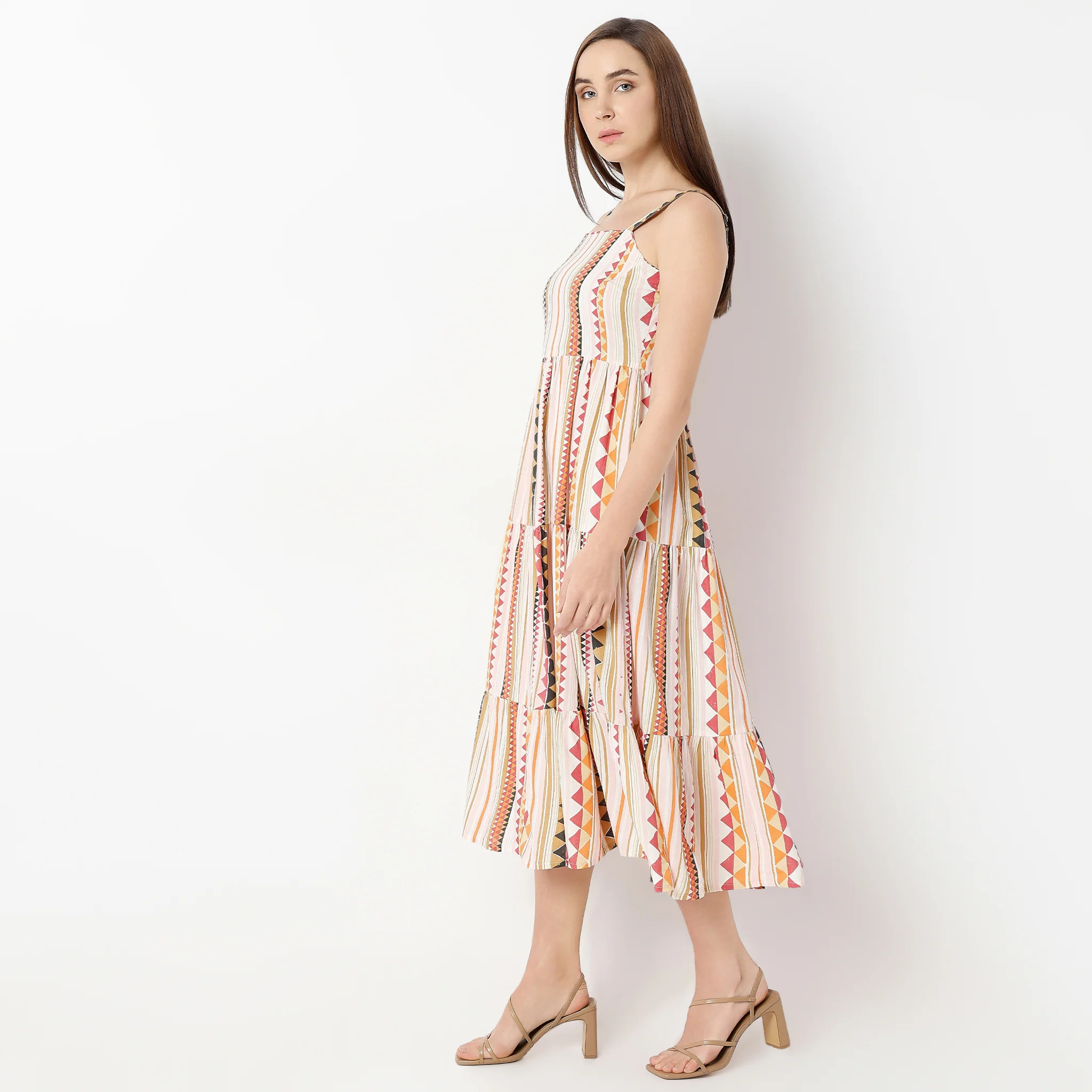 Square Neck Calf Length Sleeveless Flare Fit Printed Strap Dress - Image 5