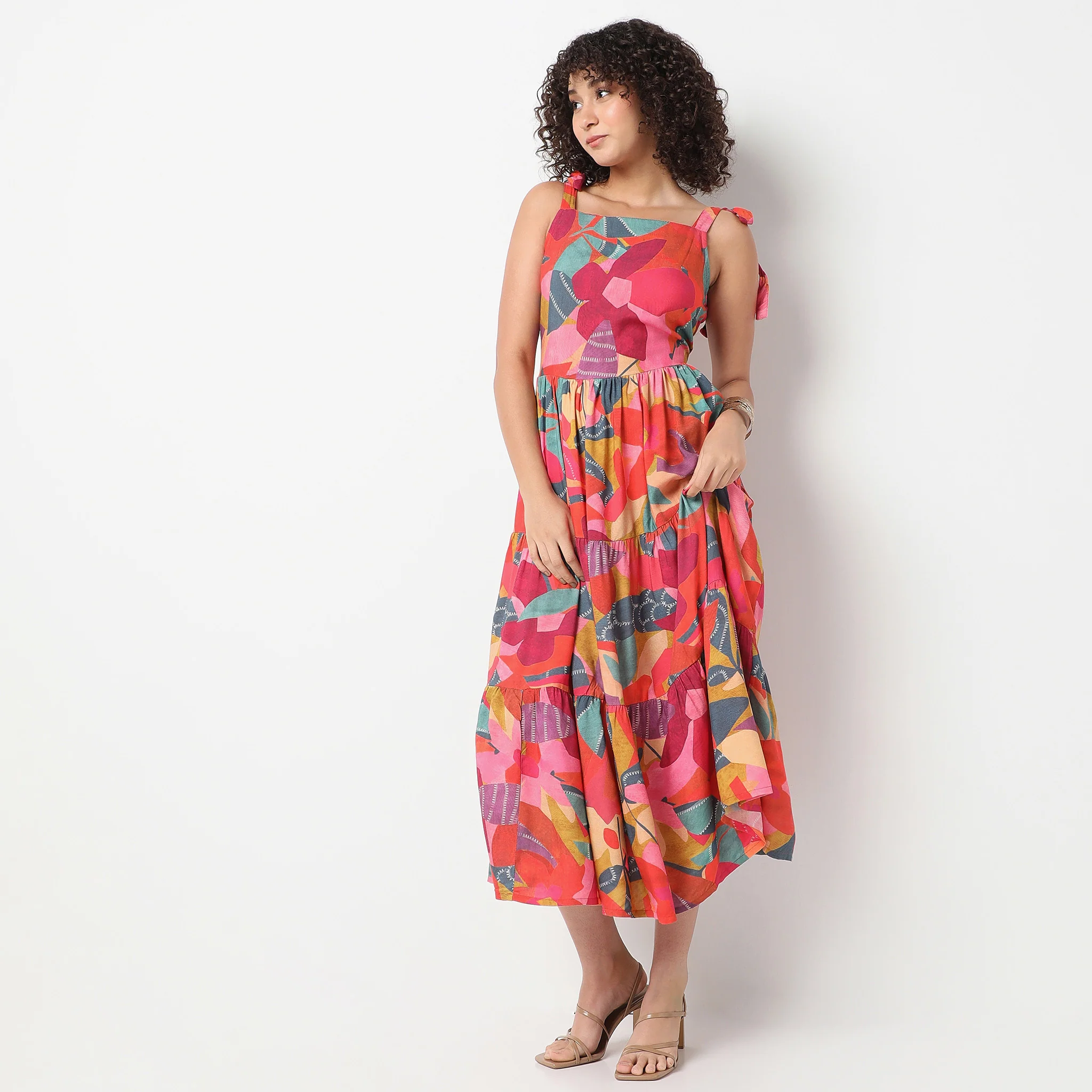 Square Neck Knee Length Flare Fit Printed Strap Dress