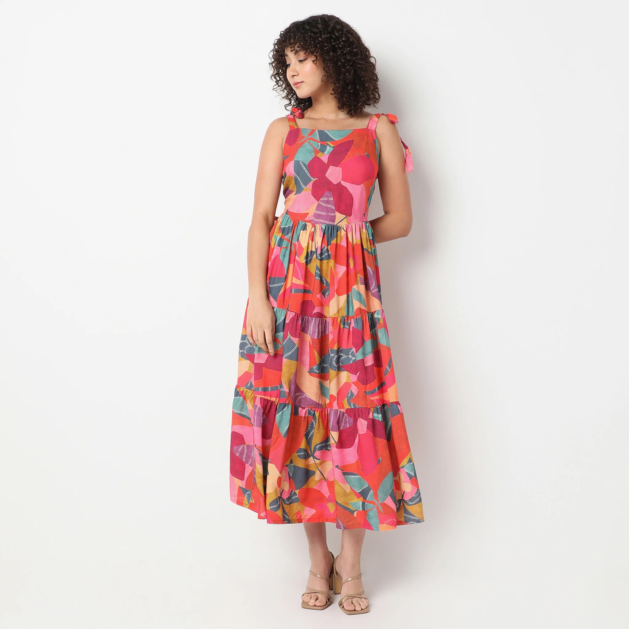 Square Neck Knee Length Flare Fit Printed Strap Dress - Image 2