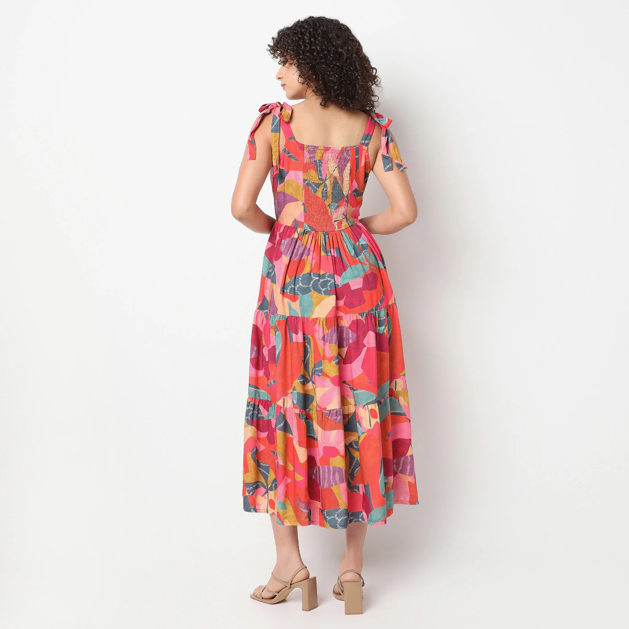 Square Neck Knee Length Flare Fit Printed Strap Dress - Image 3
