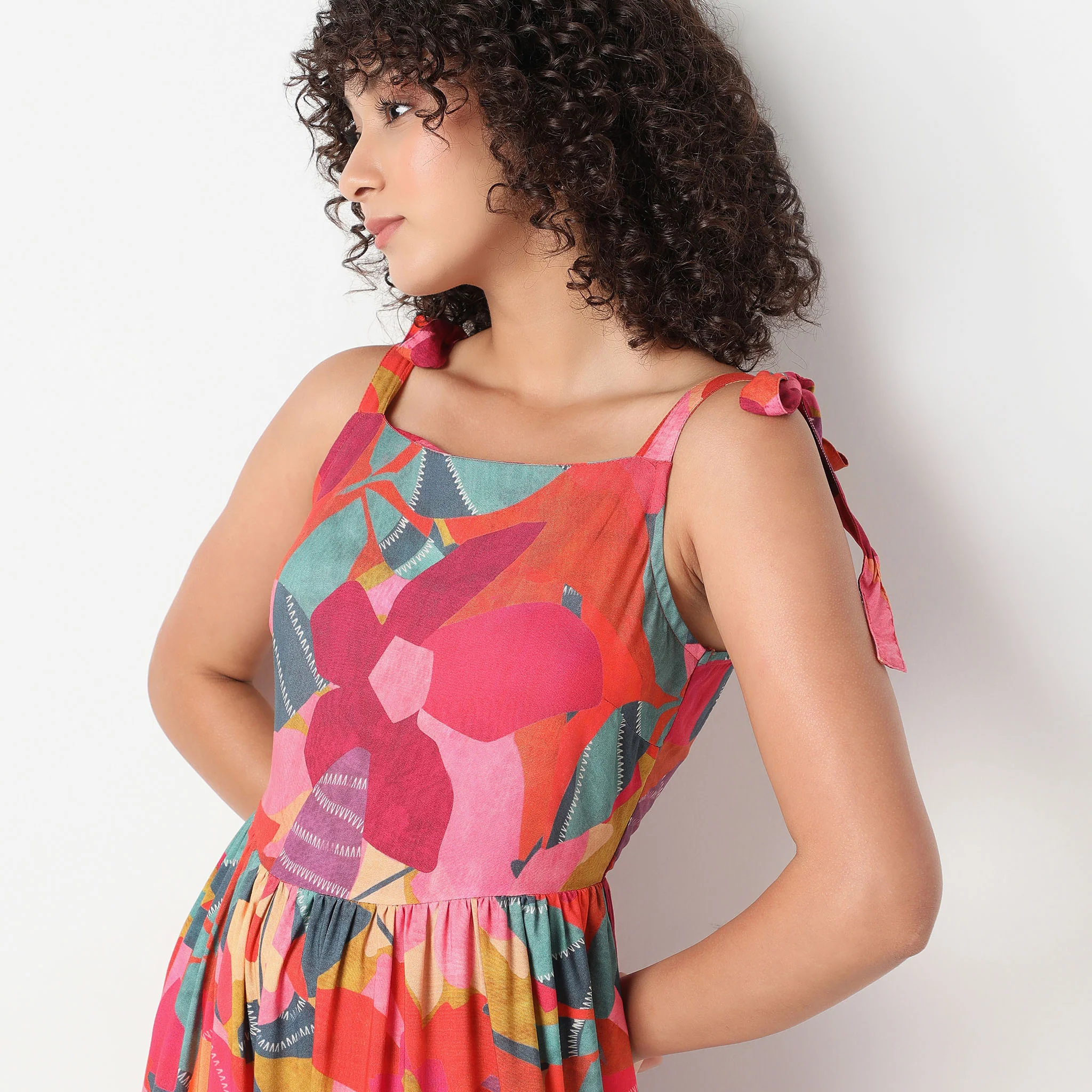 Square Neck Knee Length Flare Fit Printed Strap Dress - Image 4