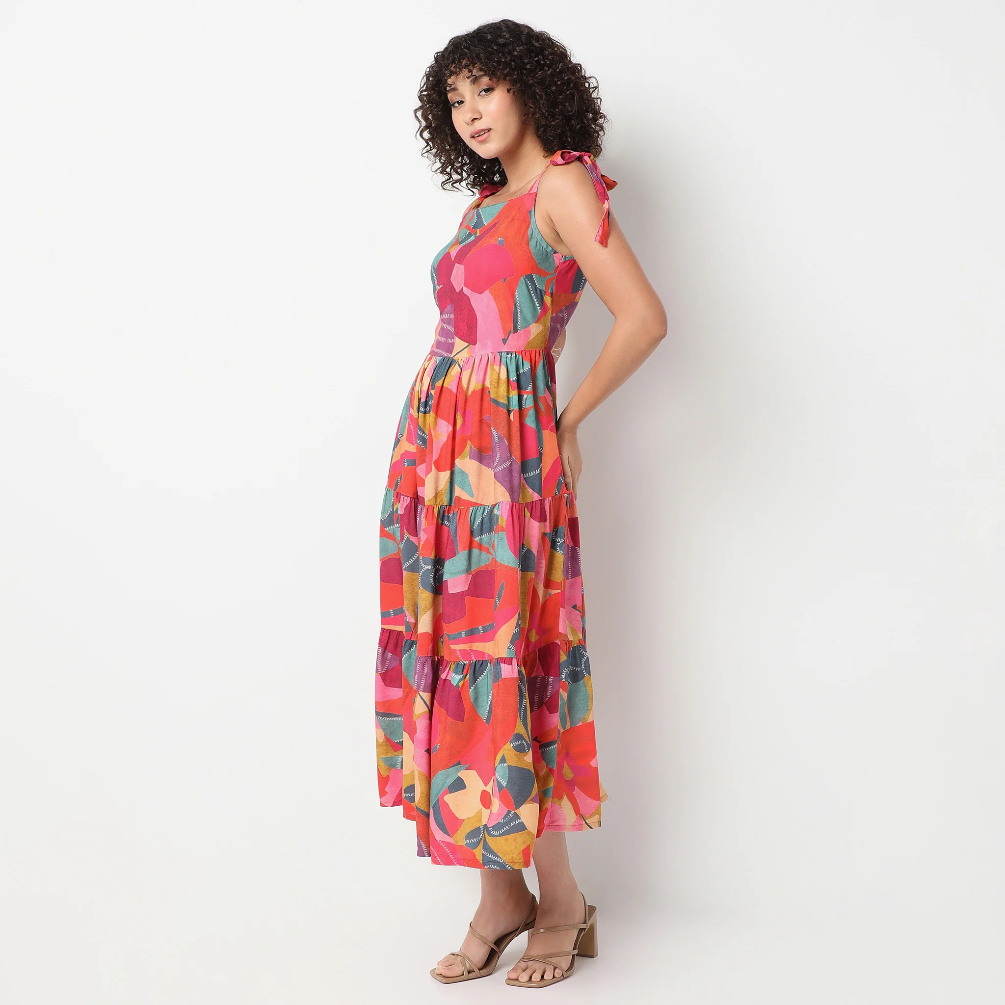 Square Neck Knee Length Flare Fit Printed Strap Dress - Image 5