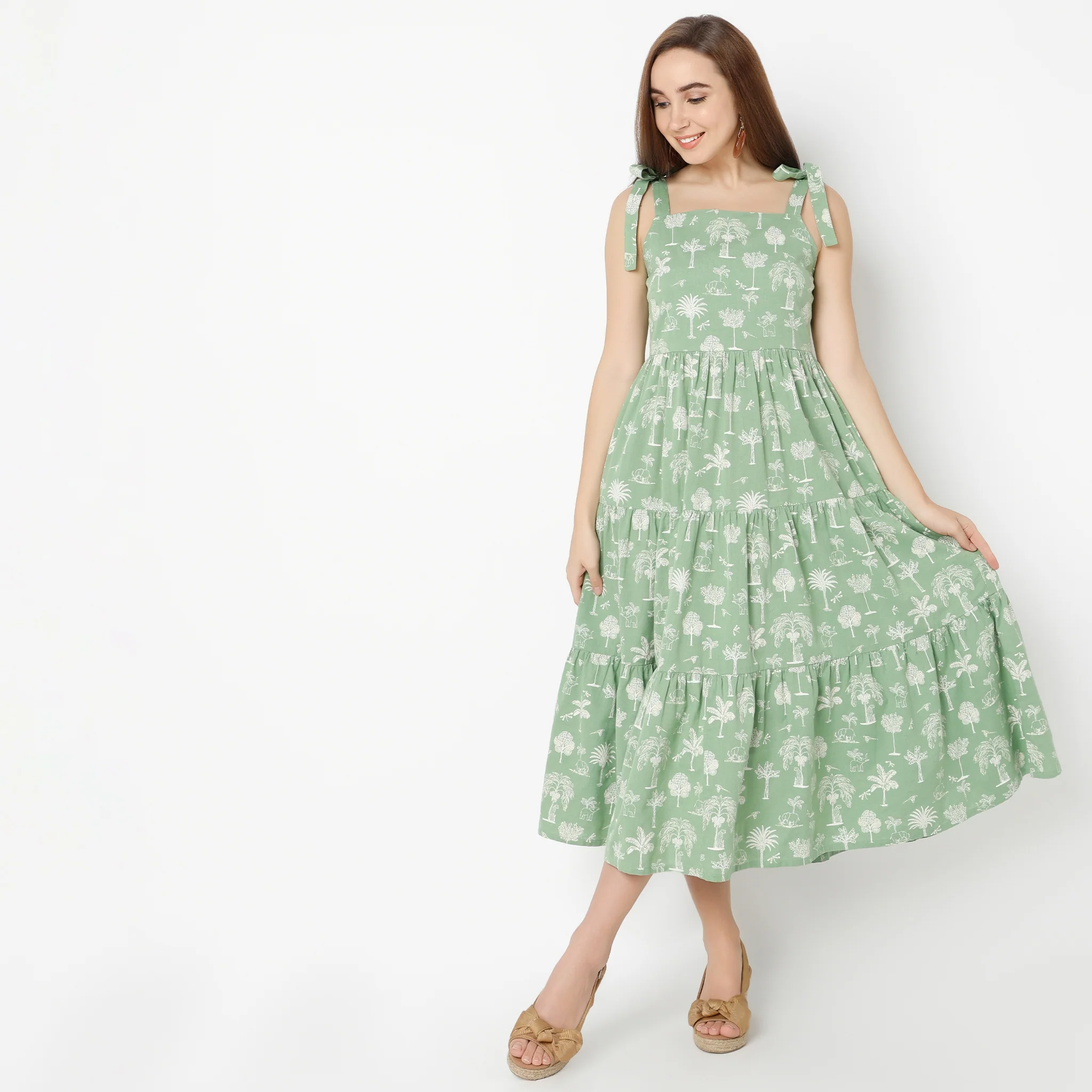 Square Neck Calf Length Flare Fit Floral Printed Strap Dress - Image 2