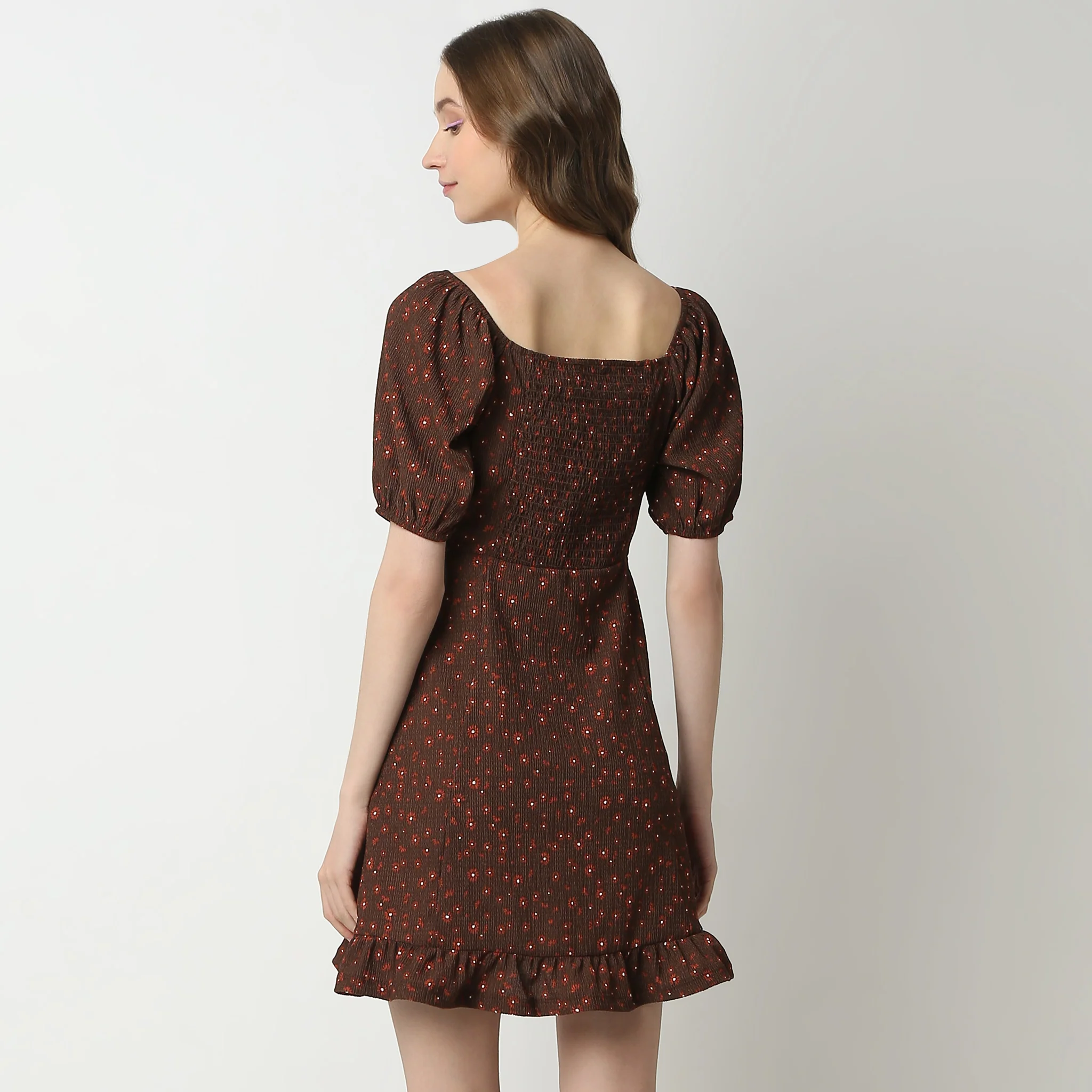 Flare Fit Printed Short Sleeve Square Neck Above Knee Knit Dress - Image 3