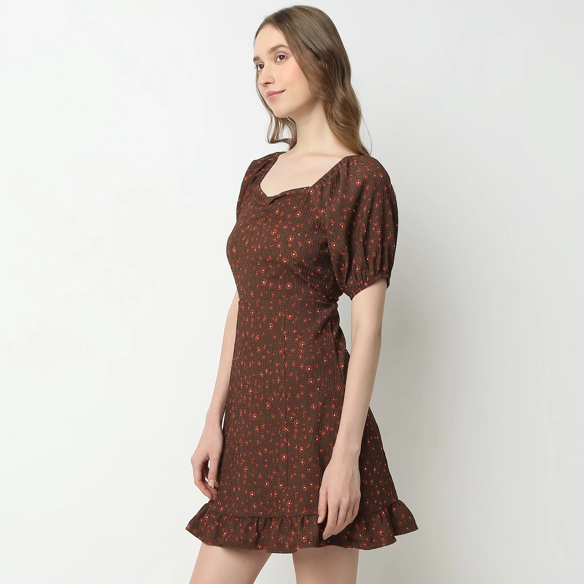 Flare Fit Printed Short Sleeve Square Neck Above Knee Knit Dress - Image 4