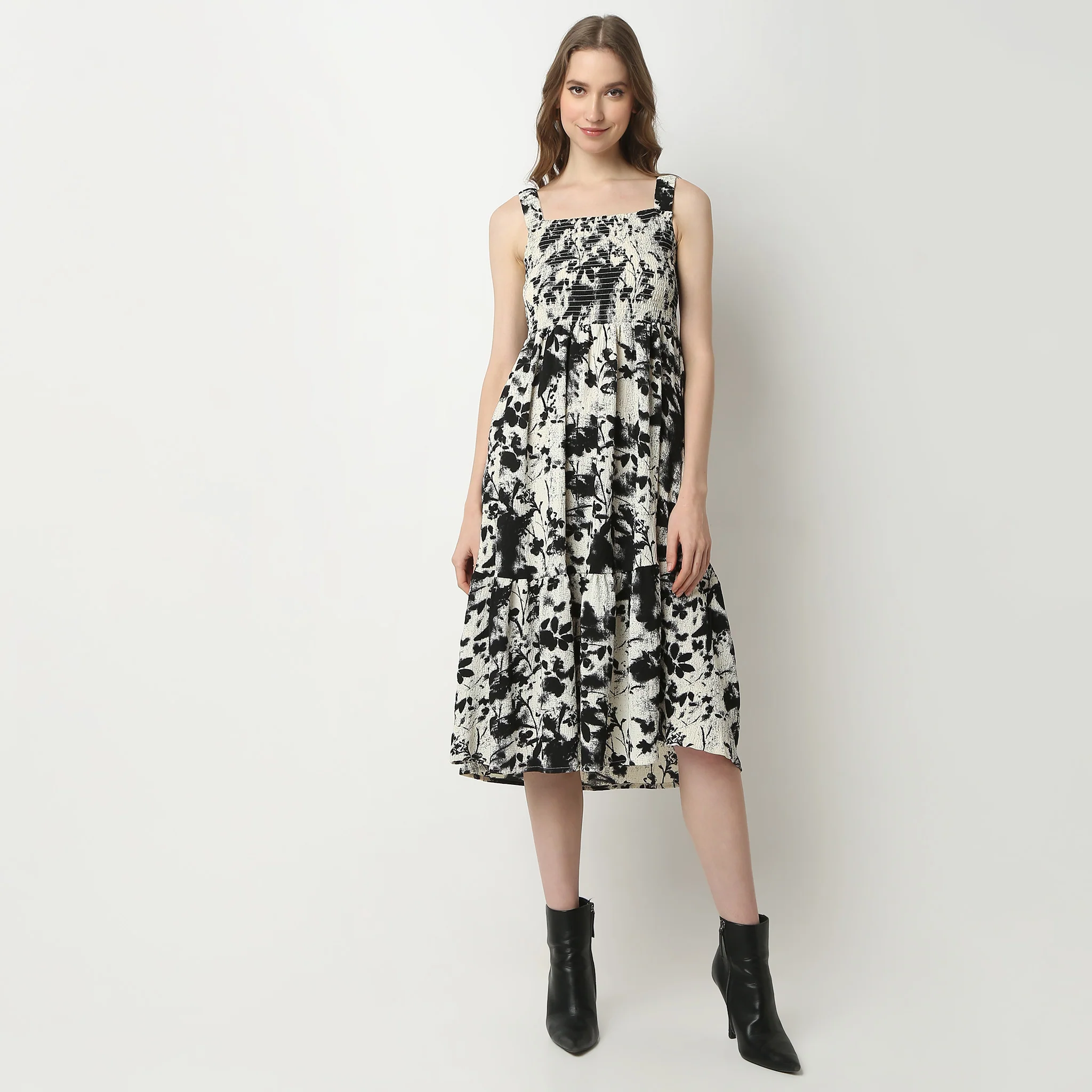 Flare Fit Printed Sleeveless Square Neck Calf Length Betty Dress - Image 2
