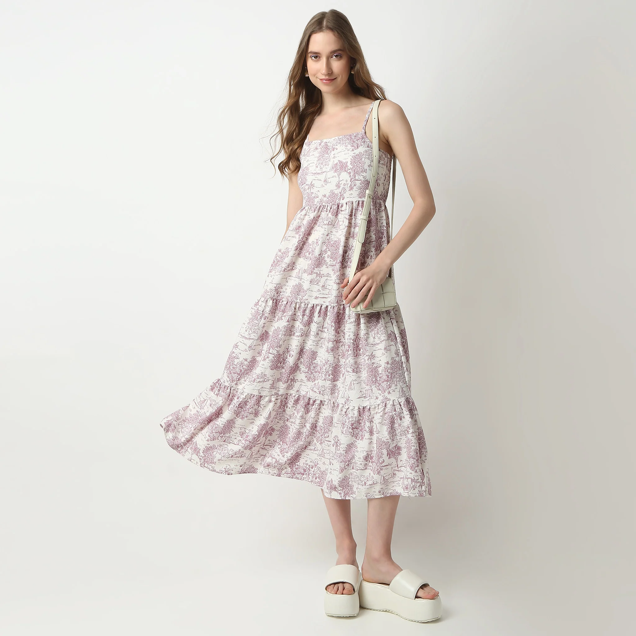 Flare Fit Printed Square Neck Calf Length Betty Dress