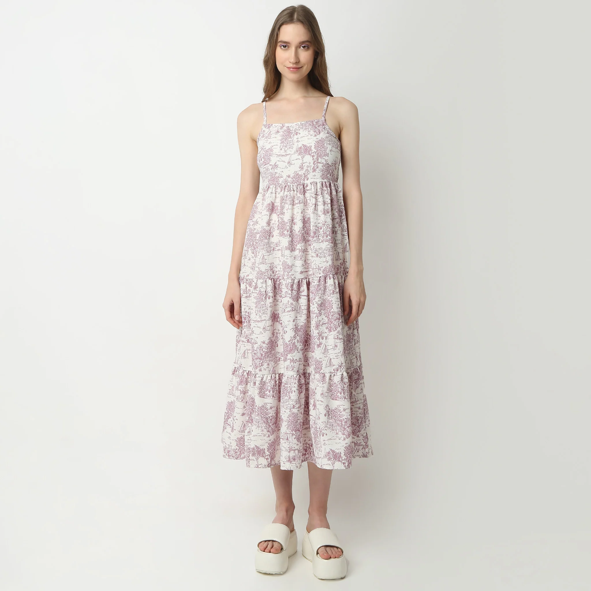 Flare Fit Printed Square Neck Calf Length Betty Dress - Image 2