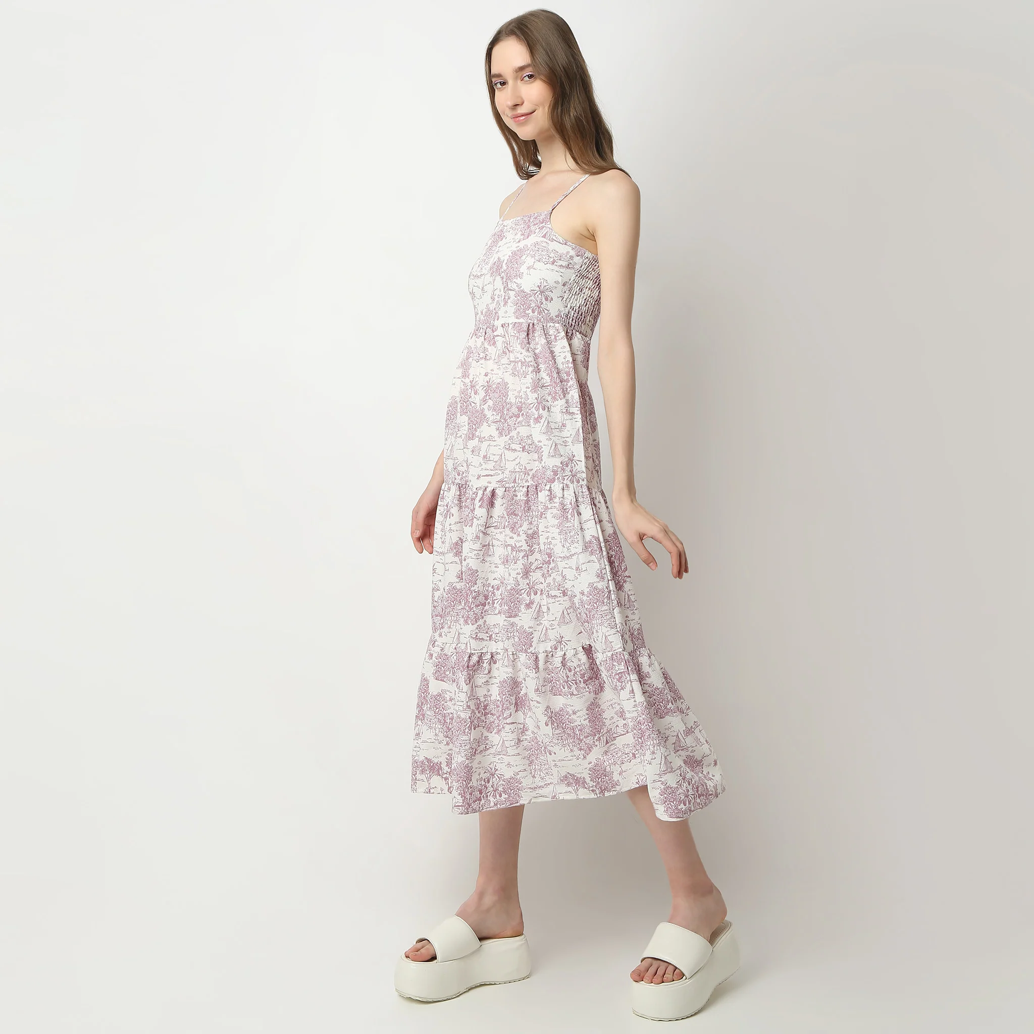 Flare Fit Printed Square Neck Calf Length Betty Dress - Image 4