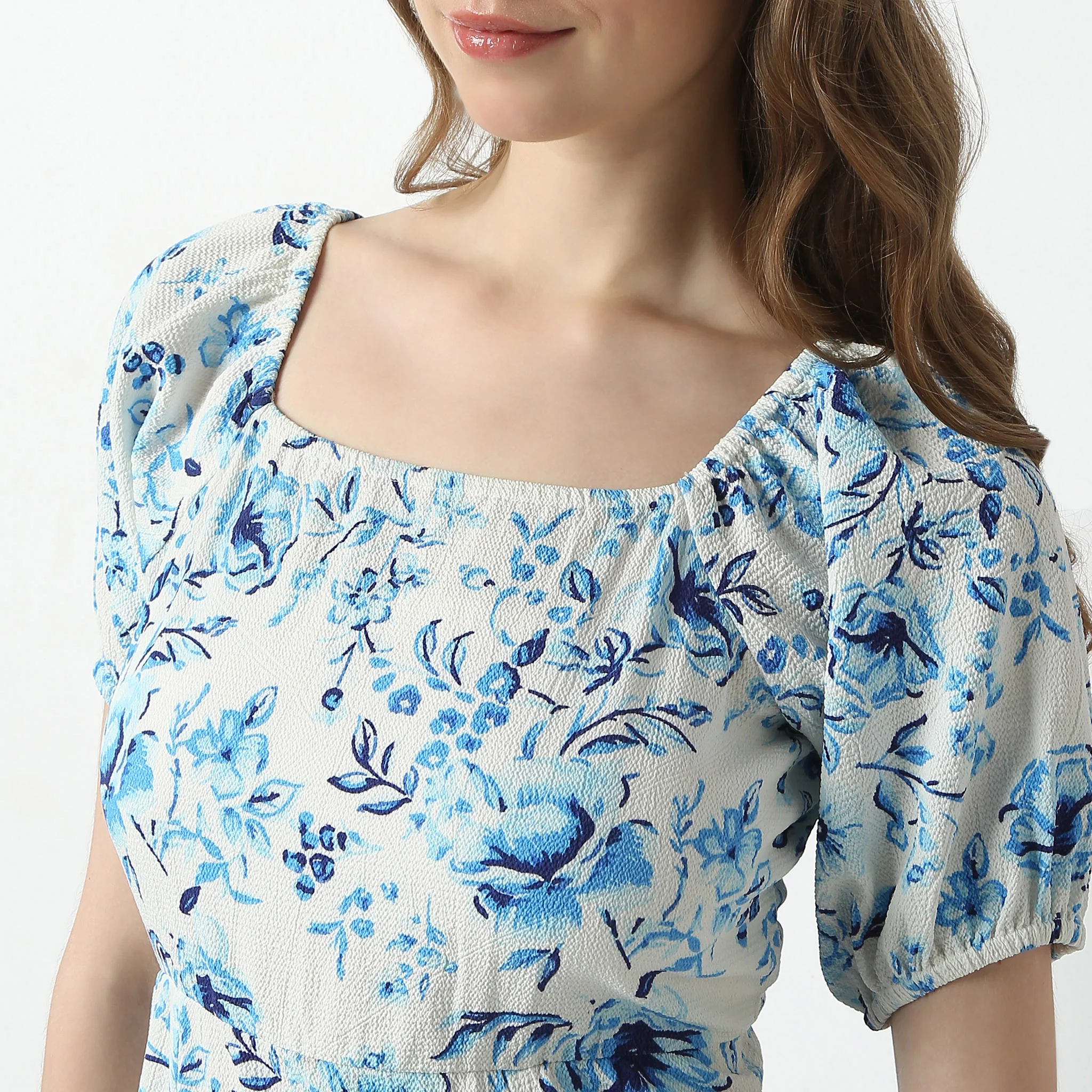 Flare Fit Printed Short Sleeve Square Neck Below Knee Betty Dress - Image 5
