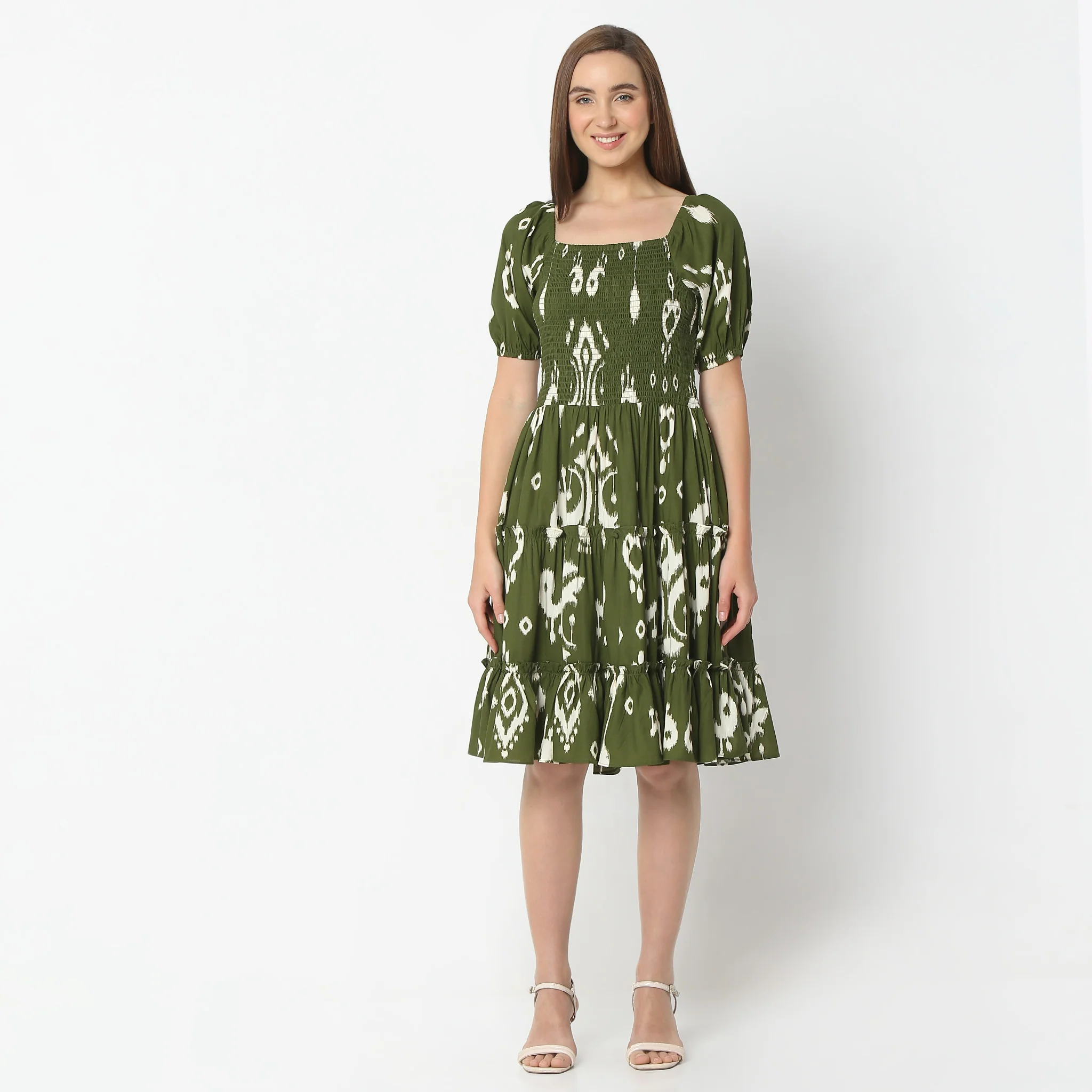 Flare Fit Printed Knee Length Square Neck Short Sleeve Tiered Dress - Image 2