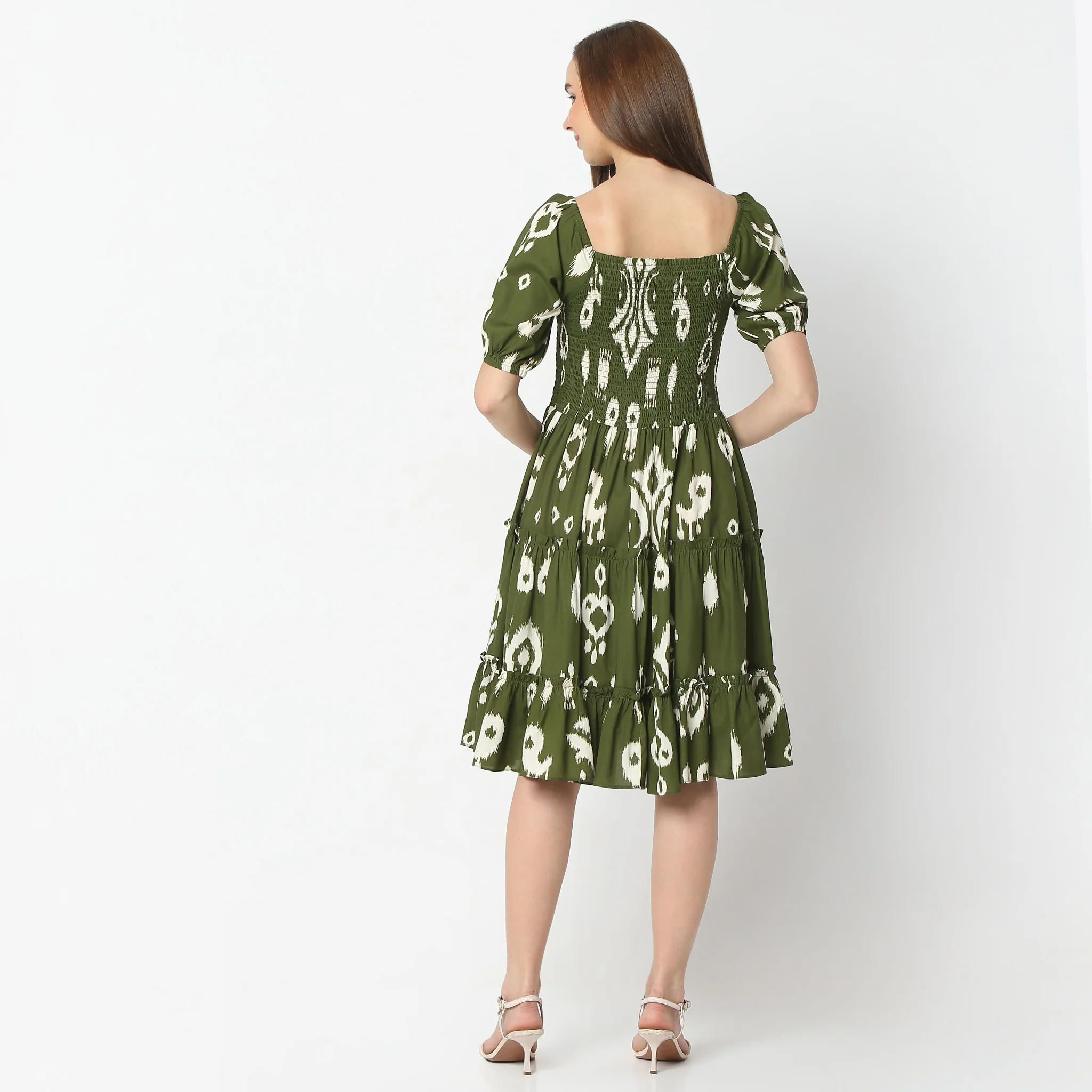 Flare Fit Printed Knee Length Square Neck Short Sleeve Tiered Dress - Image 3