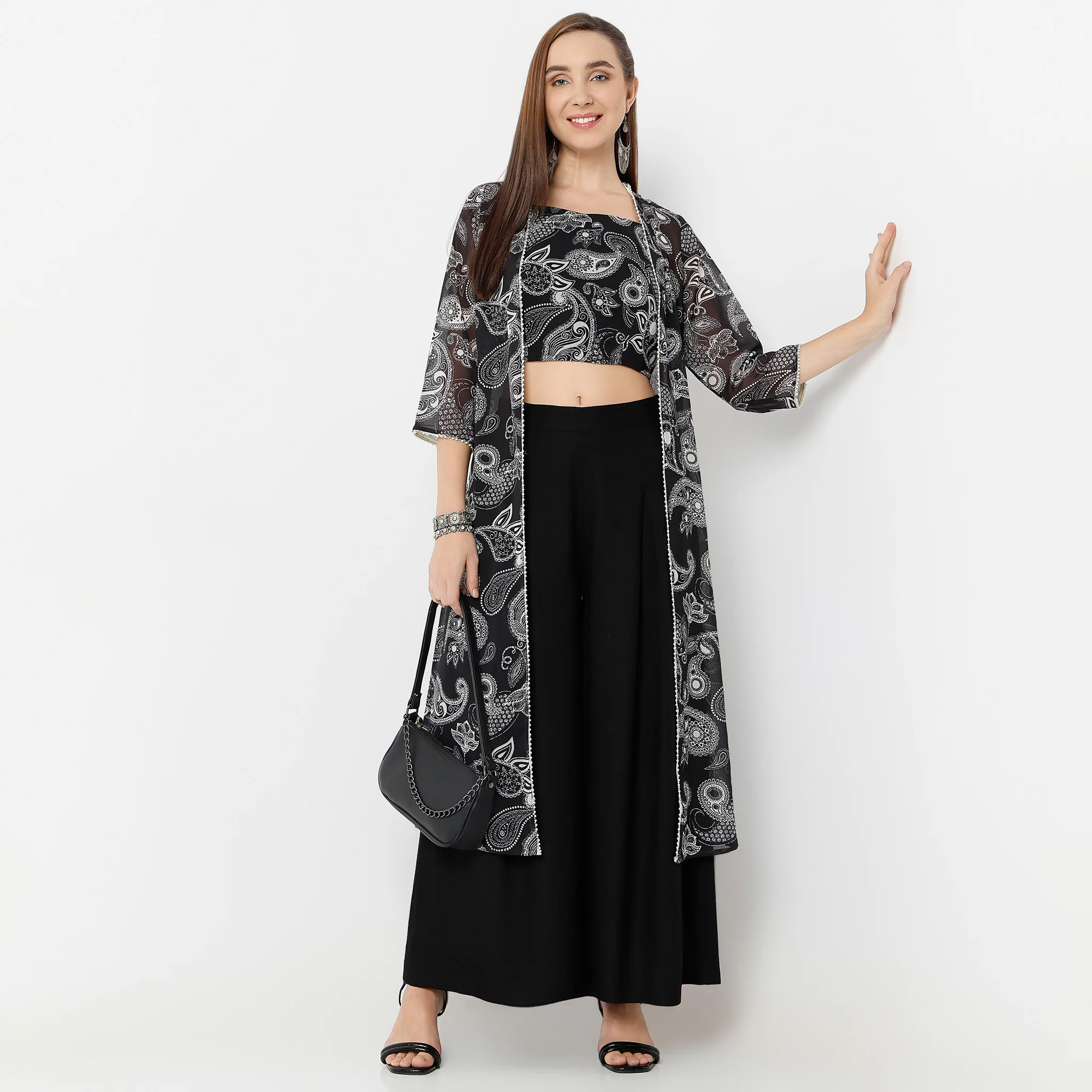 Printed Square Neck Speghetti Crop Top With Three-Fourth Sleeve Calf Length Flare Fit Shrug And Solid Pallazo Co-Ords