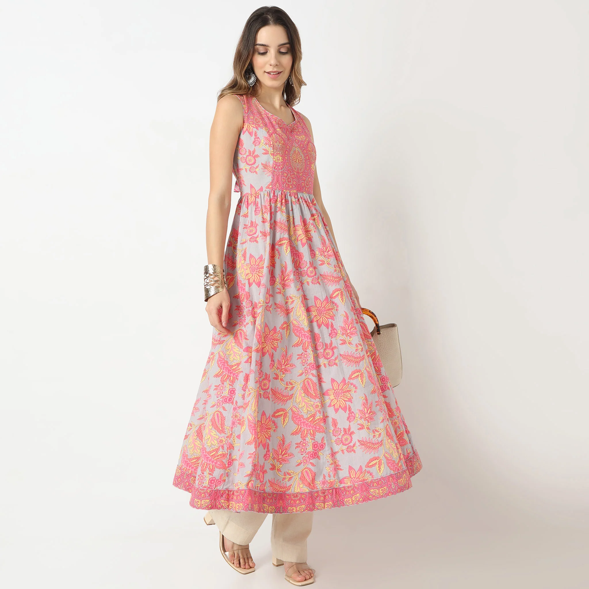 Flare Fit Printed Sweatheart Neck Flared Jaipur Essence Flared Below Knee Kurta