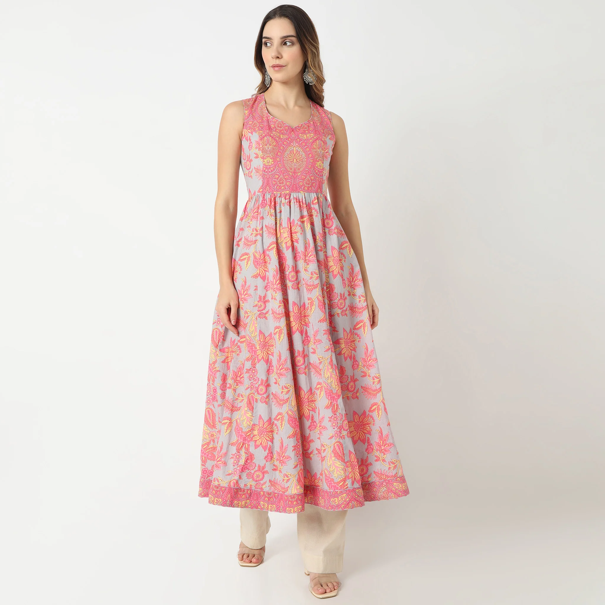 Flare Fit Printed Sweatheart Neck Flared Jaipur Essence Flared Below Knee Kurta - Image 2