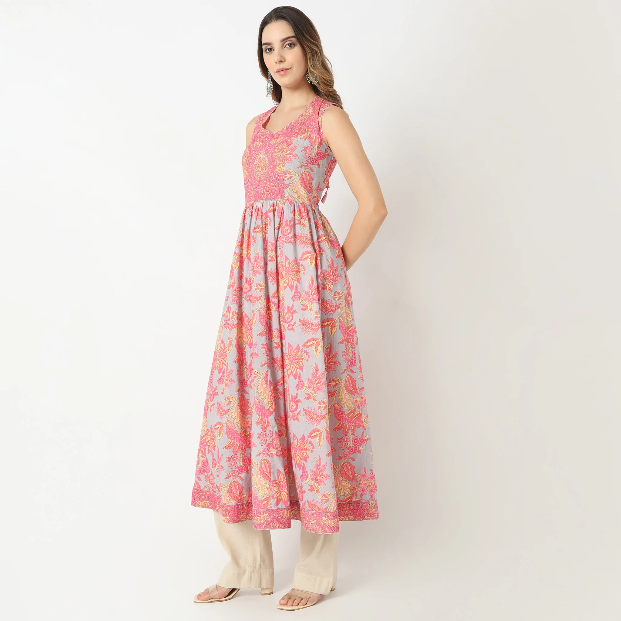 Flare Fit Printed Sweatheart Neck Flared Jaipur Essence Flared Below Knee Kurta - Image 4