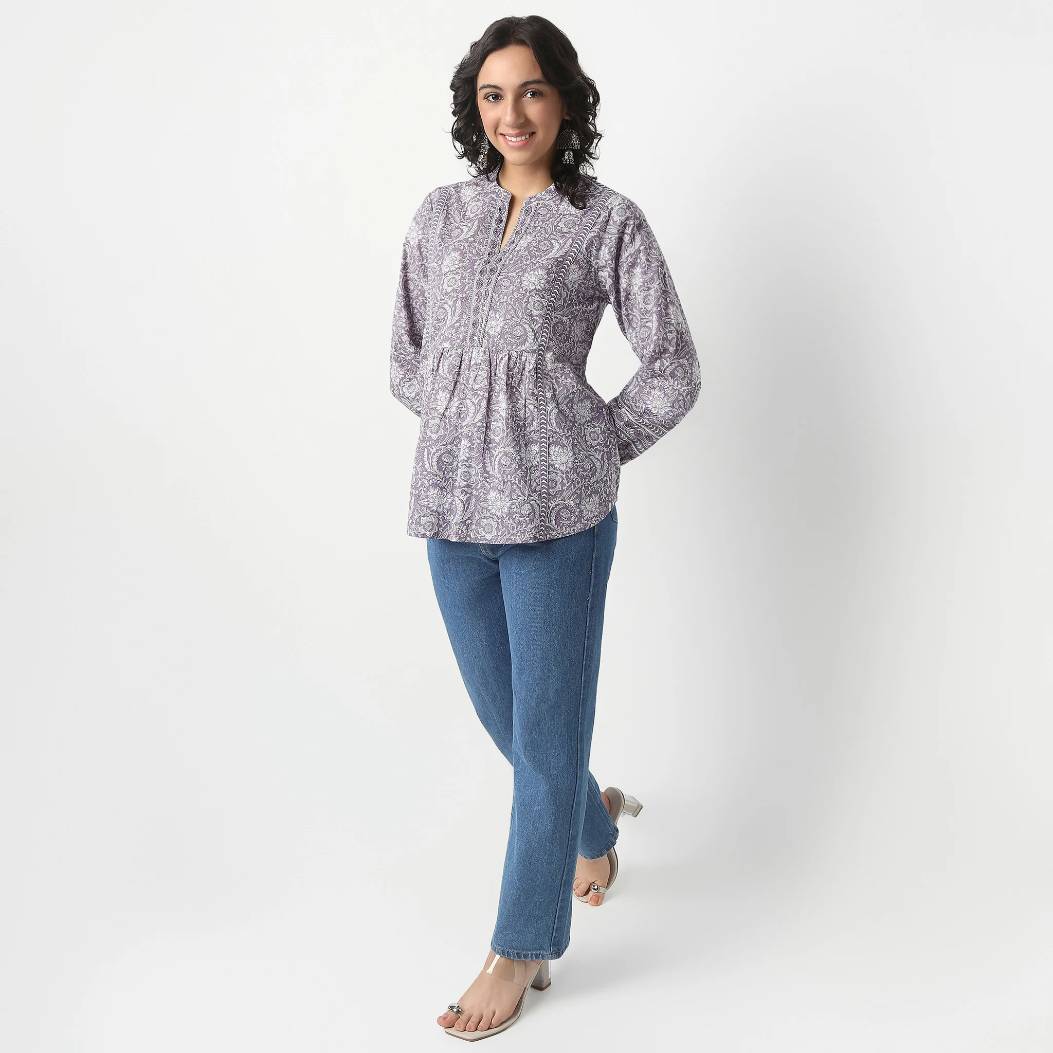 Band Neck Above Knee Three-Fourth Sleeve Flare Fit Printed Short Kurta - Image 2