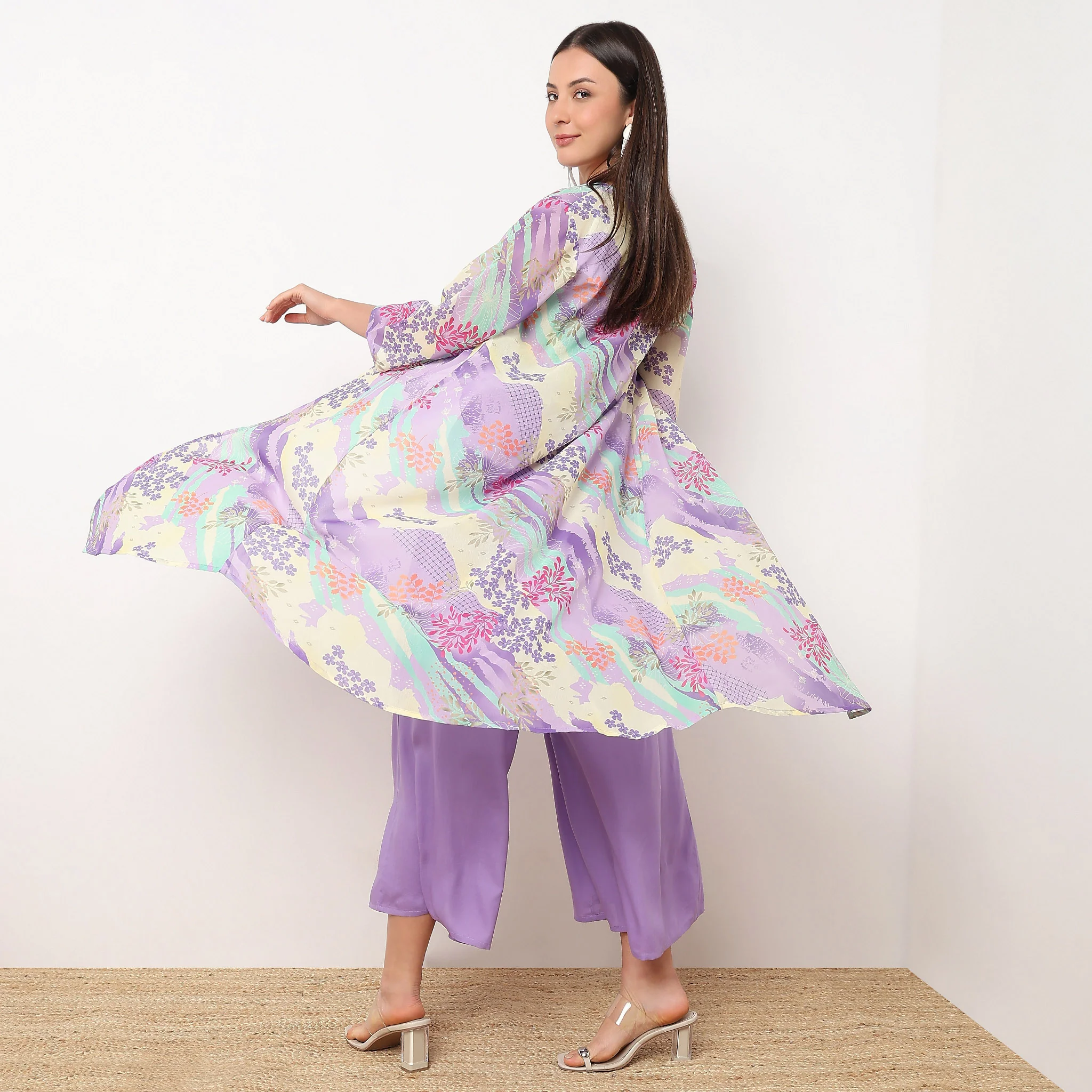 Flare Fit Printed Top With Palazzo And Shrug Set