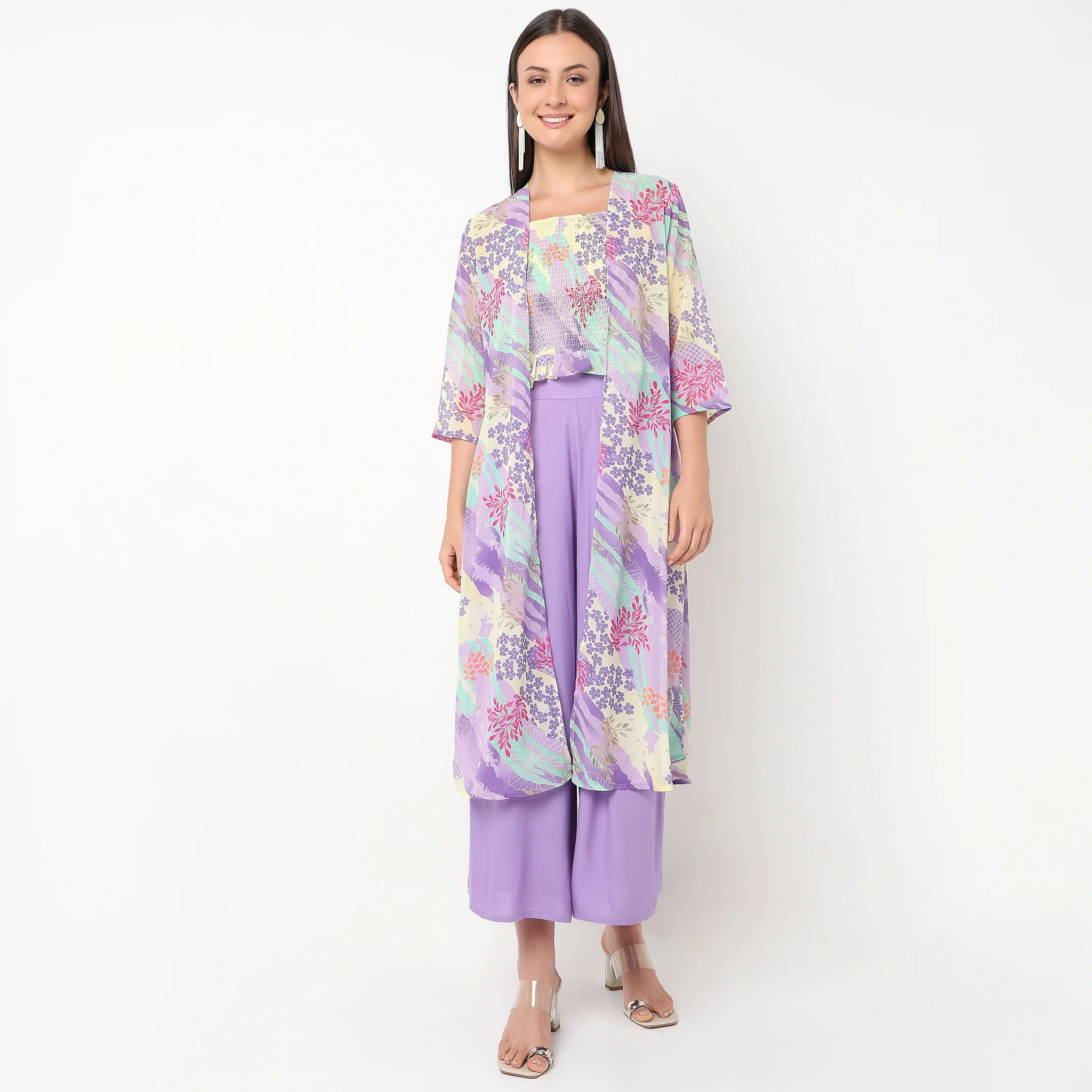 Flare Fit Printed Top With Palazzo And Shrug Set - Image 2