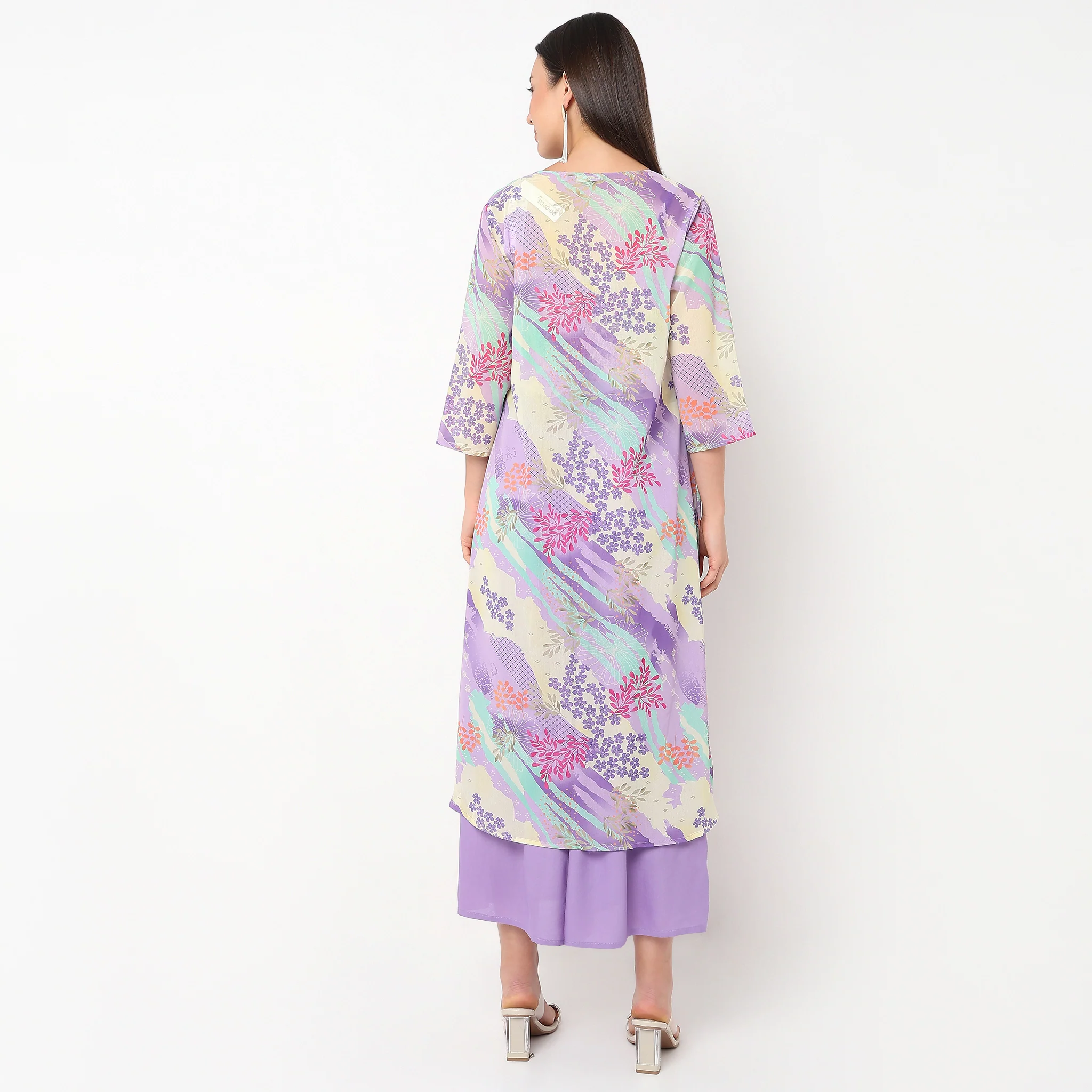 Flare Fit Printed Top With Palazzo And Shrug Set - Image 3