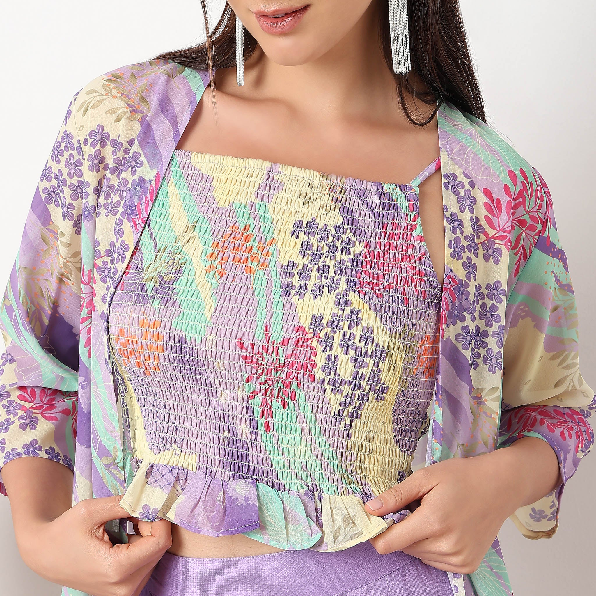 Flare Fit Printed Top With Palazzo And Shrug Set - Image 4