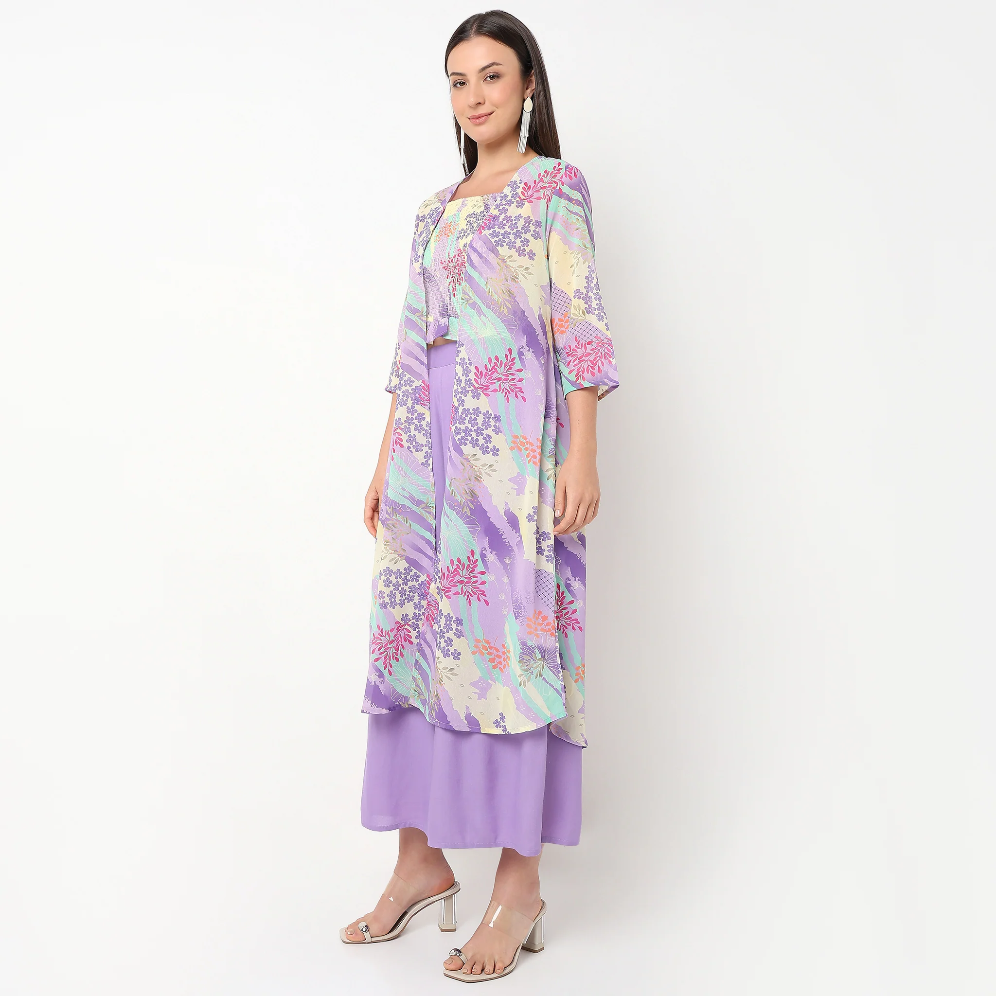 Flare Fit Printed Top With Palazzo And Shrug Set - Image 5