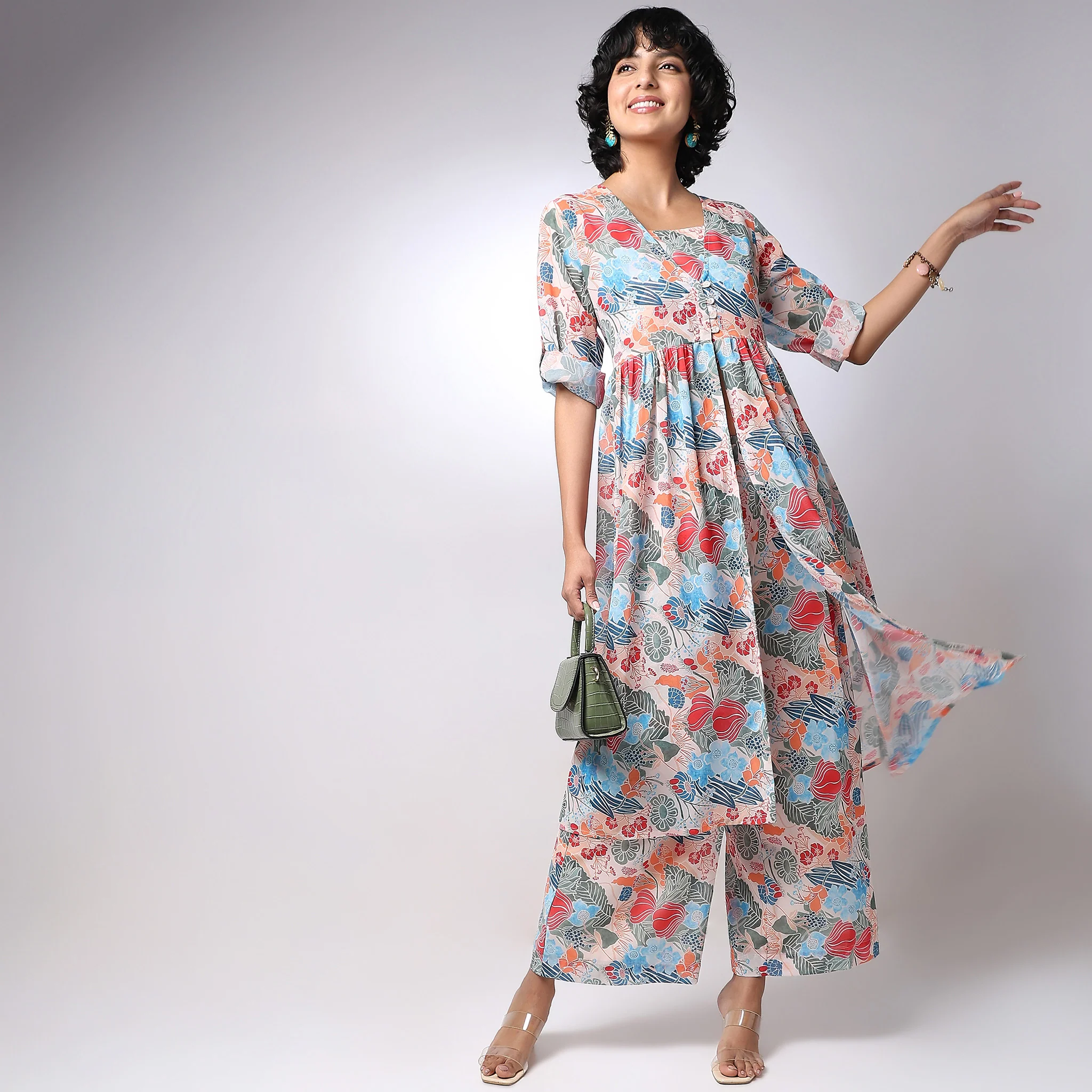 Flare Fit Printed Co-ords With Top, Palazzo & Cape