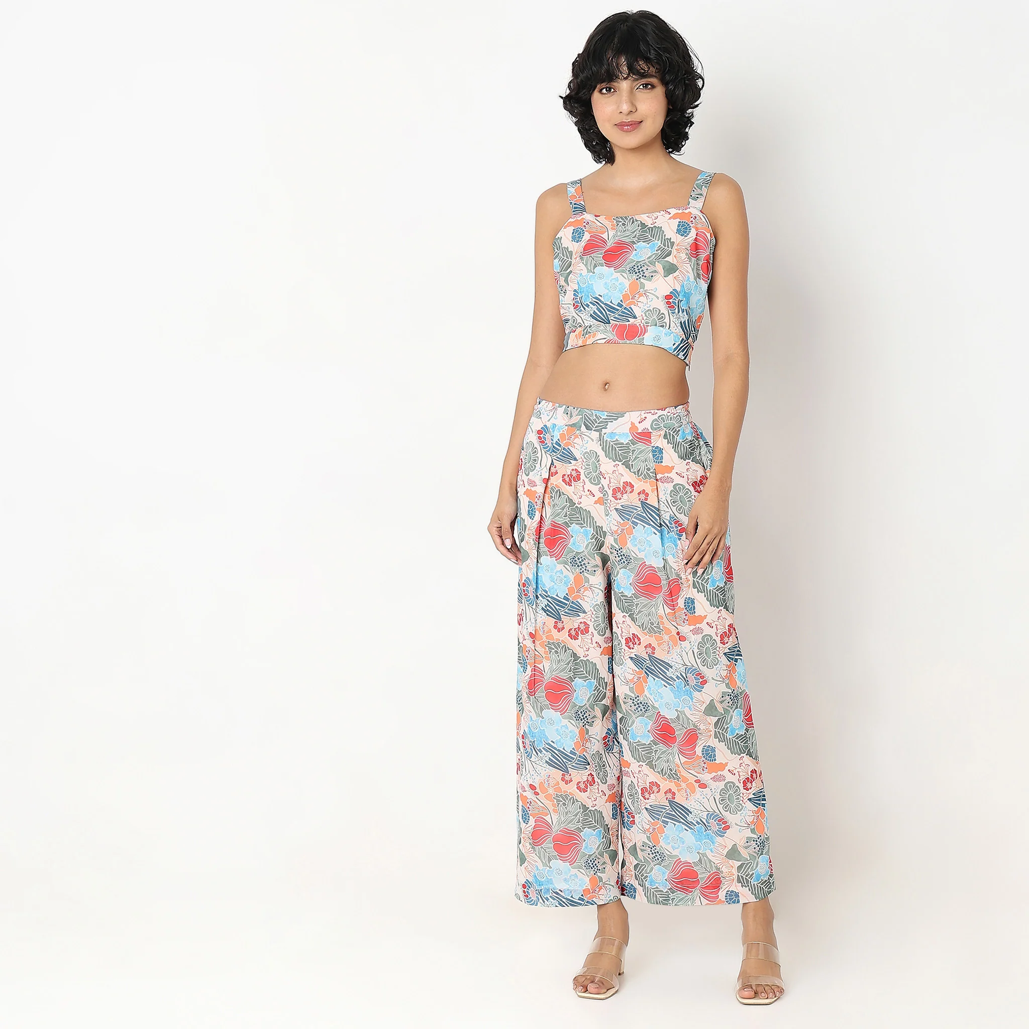 Flare Fit Printed Co-ords With Top, Palazzo & Cape - Image 4