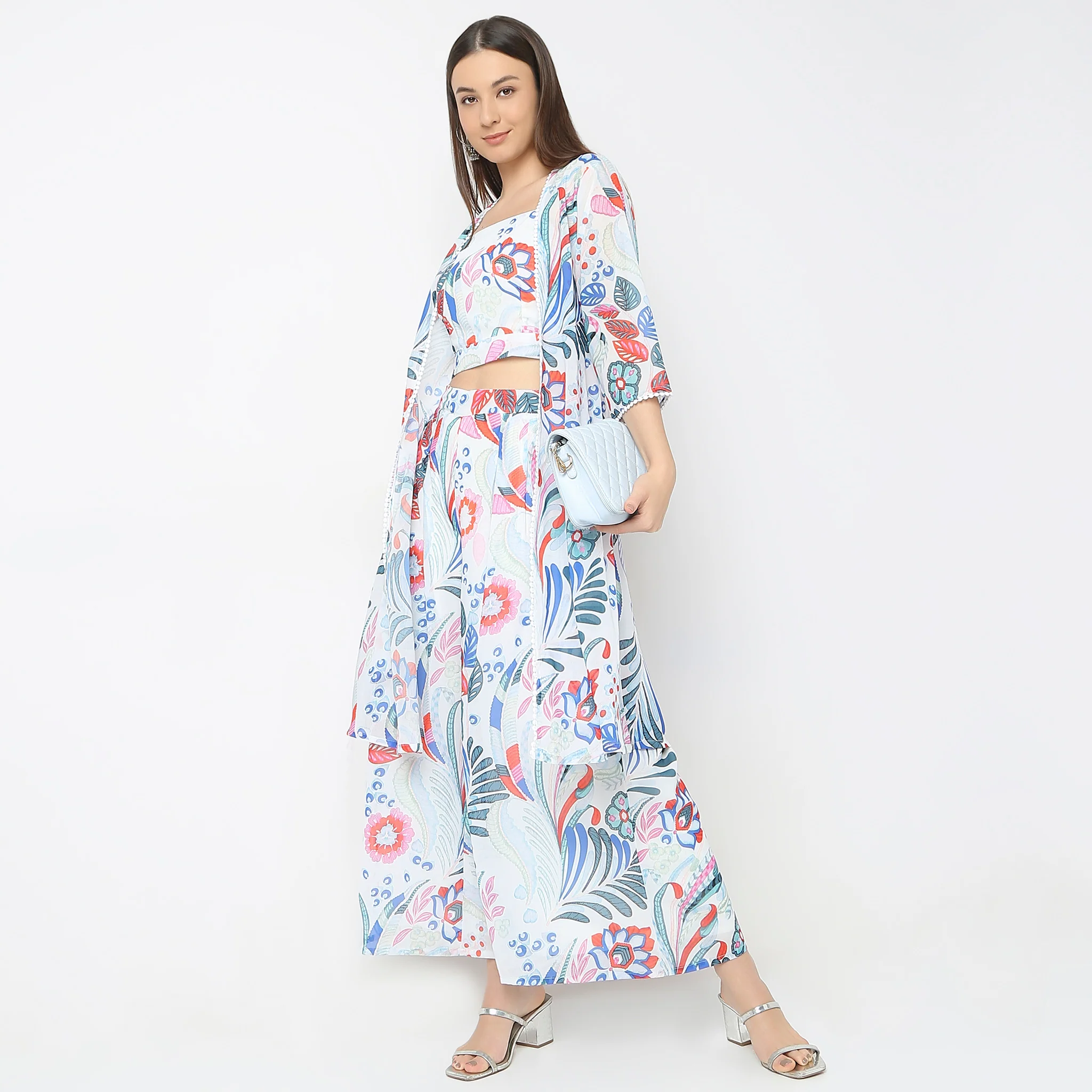 Flare Fit Printed Top With Palazzo & With Shrug Set