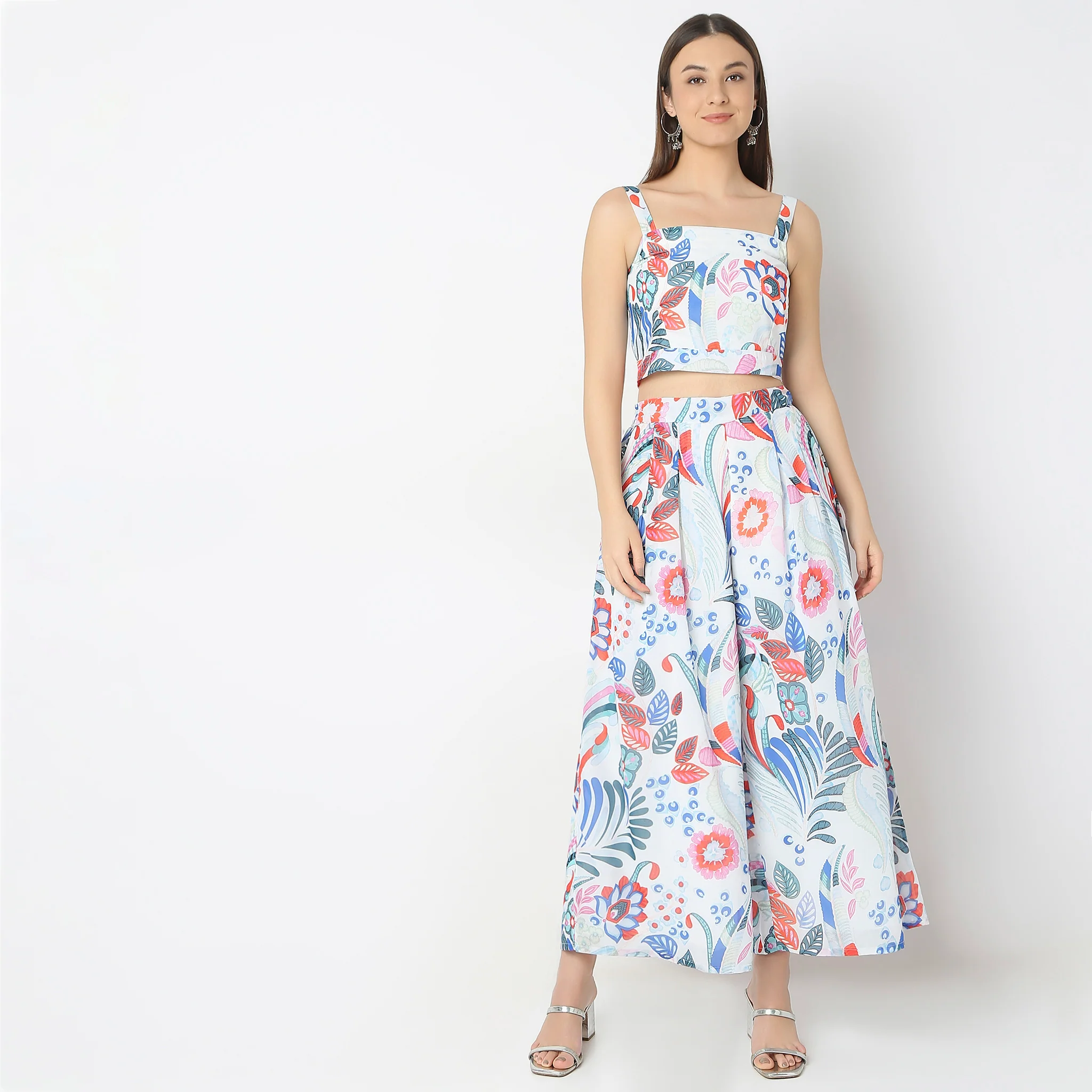 Flare Fit Printed Top With Palazzo & With Shrug Set - Image 2