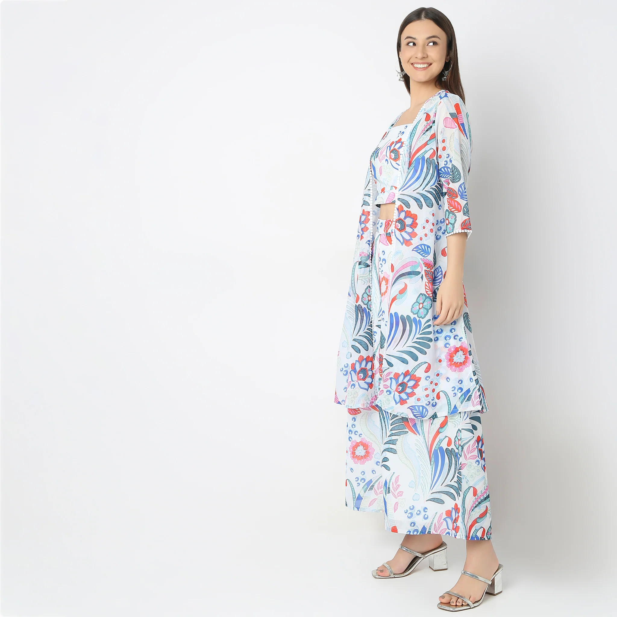 Flare Fit Printed Top With Palazzo & With Shrug Set - Image 5