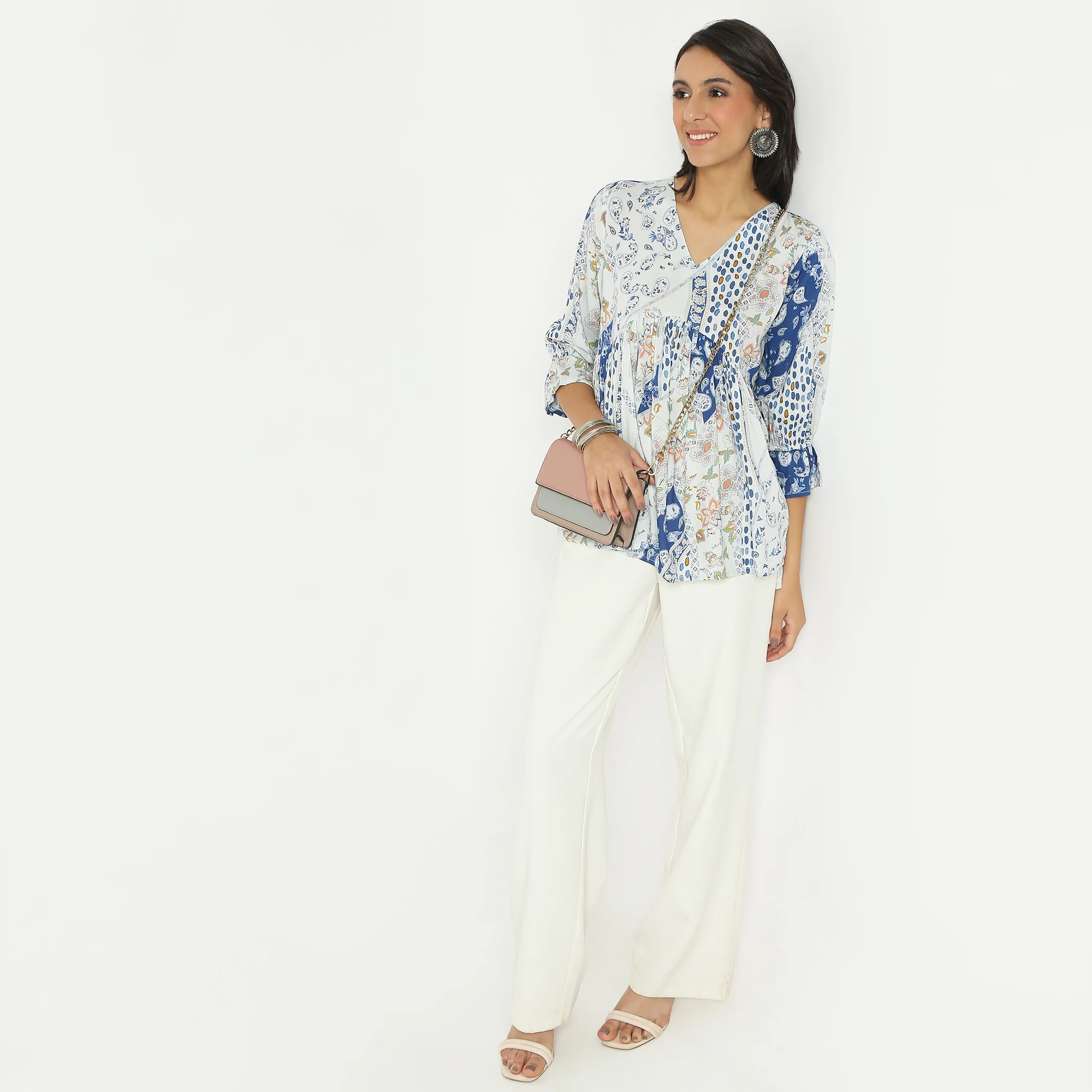 Flare Fit Printed Above Knee V-Neck Top