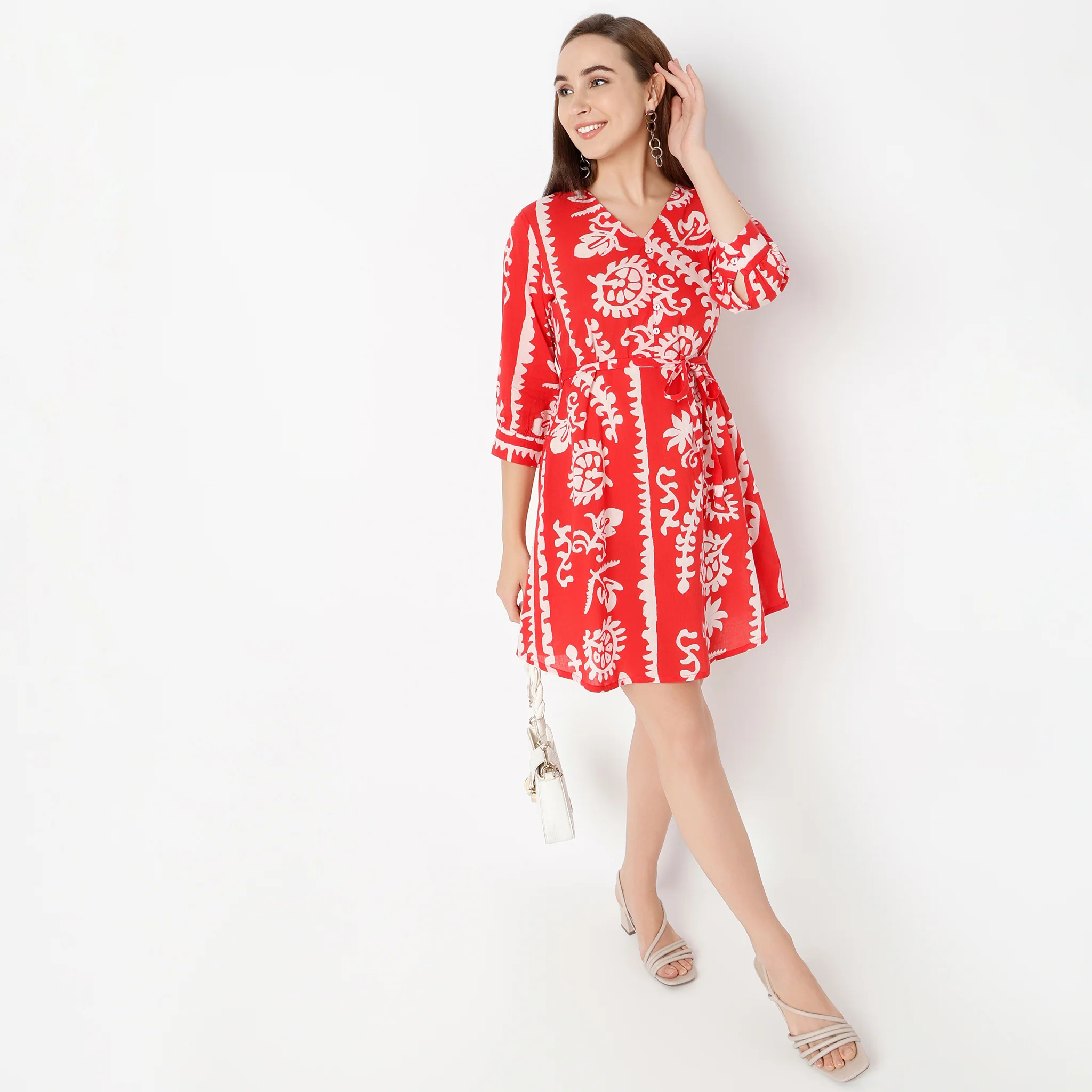 V-Neck Above Knee Three-Fourth Sleeve Flare Fit Printed Dress With Tie Up Belt