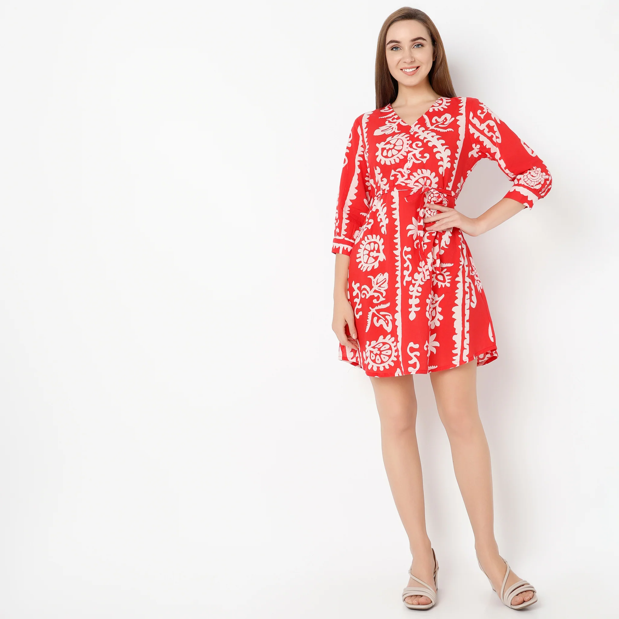 V-Neck Above Knee Three-Fourth Sleeve Flare Fit Printed Dress With Tie Up Belt - Image 2