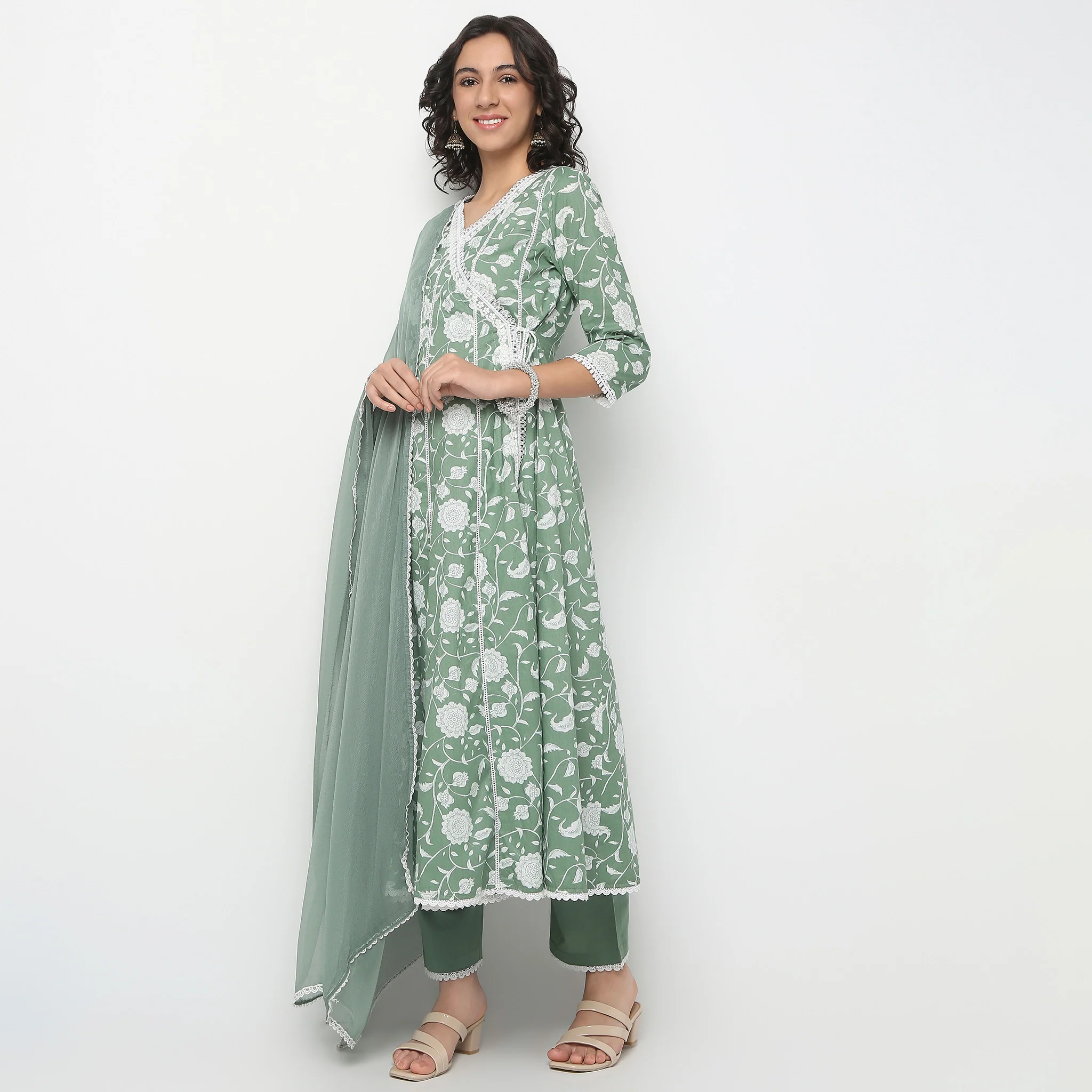 V-Neck Flare Fit All Over Print Kurta And Pant With Dupatta Set - Image 2