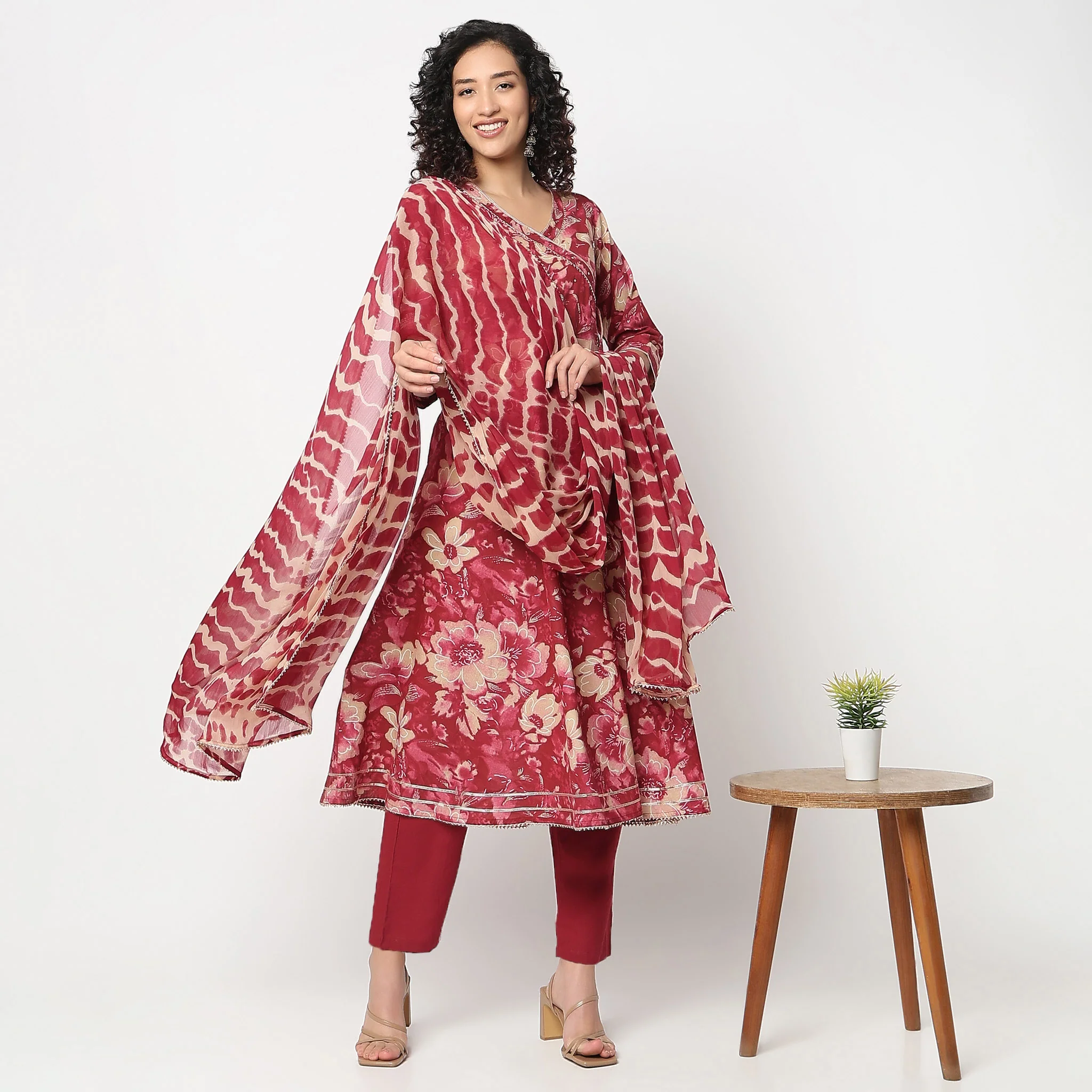 Flare Fit Printed V-Neck Kurta And Pant With Dupatta Set