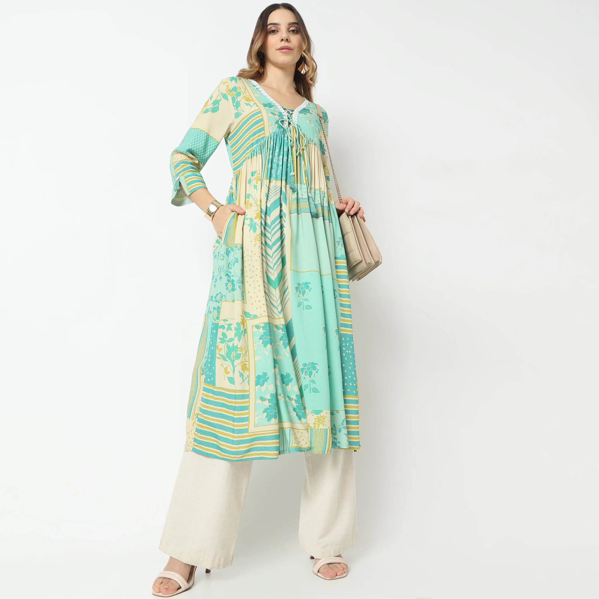 Flare Fit Printed V-Neck Alia Cut Below Knee Kurta