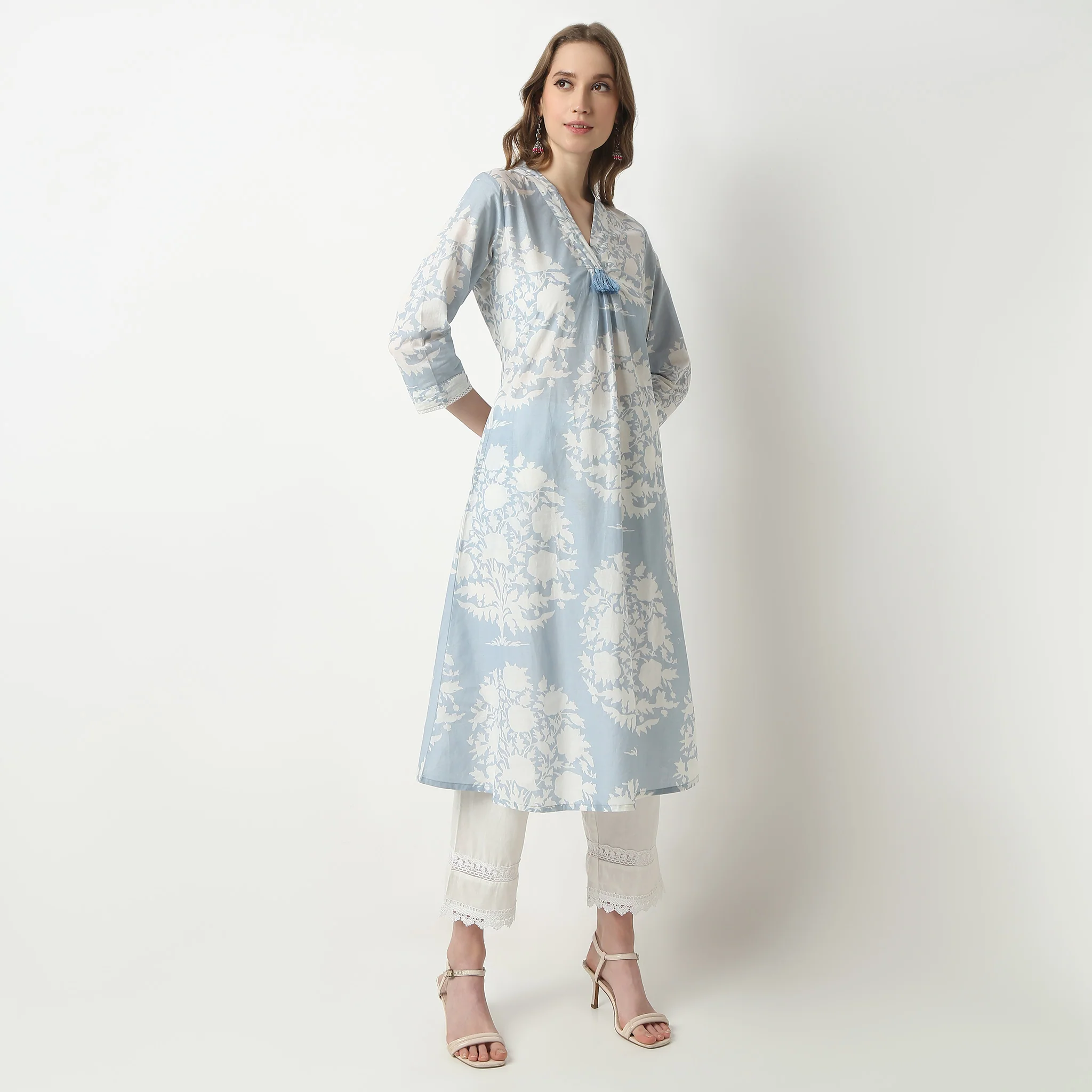 Flare Fit Printed V-Neck Gathered Jaipur Essence Flared Below Knee Kurta