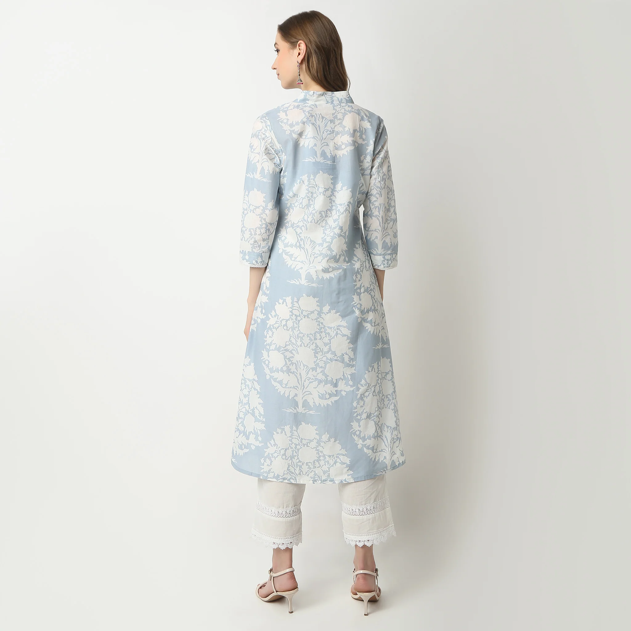 Flare Fit Printed V-Neck Gathered Jaipur Essence Flared Below Knee Kurta - Image 3