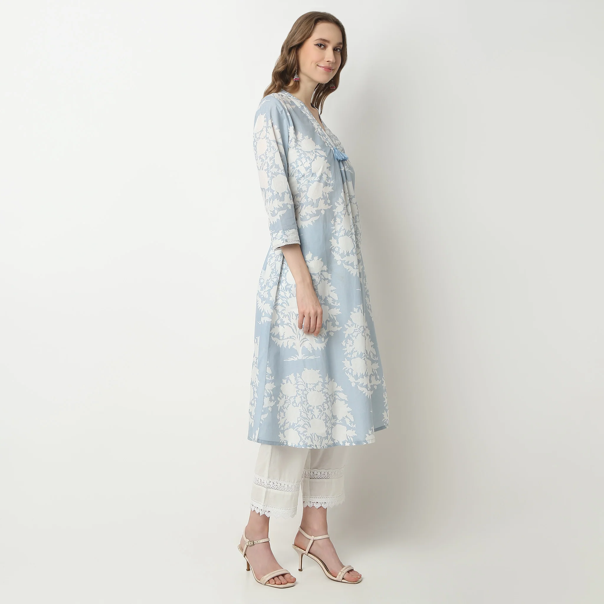 Flare Fit Printed V-Neck Gathered Jaipur Essence Flared Below Knee Kurta - Image 5