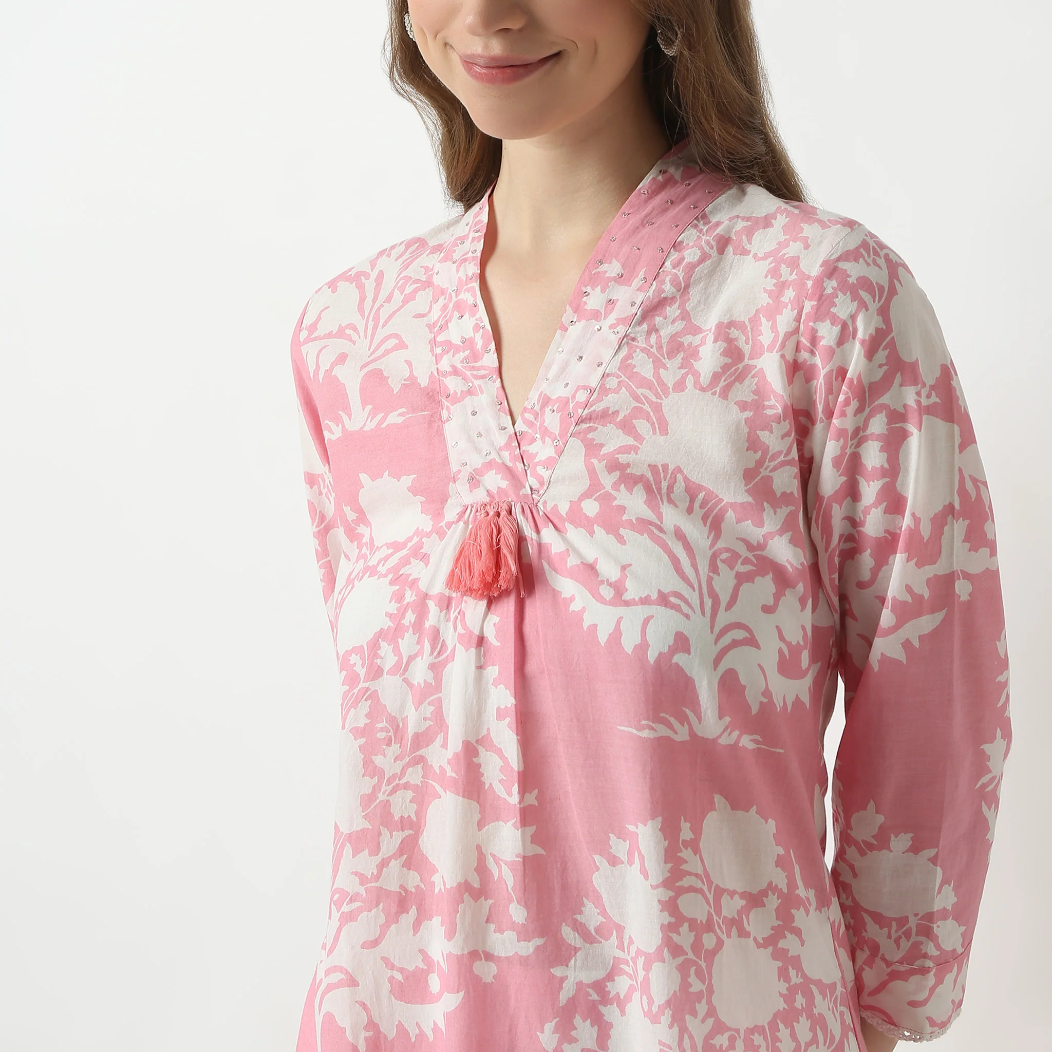 Flare Fit Printed V-Neck Gathered Jaipur Essence Flared Below Knee Kurta - Image 5