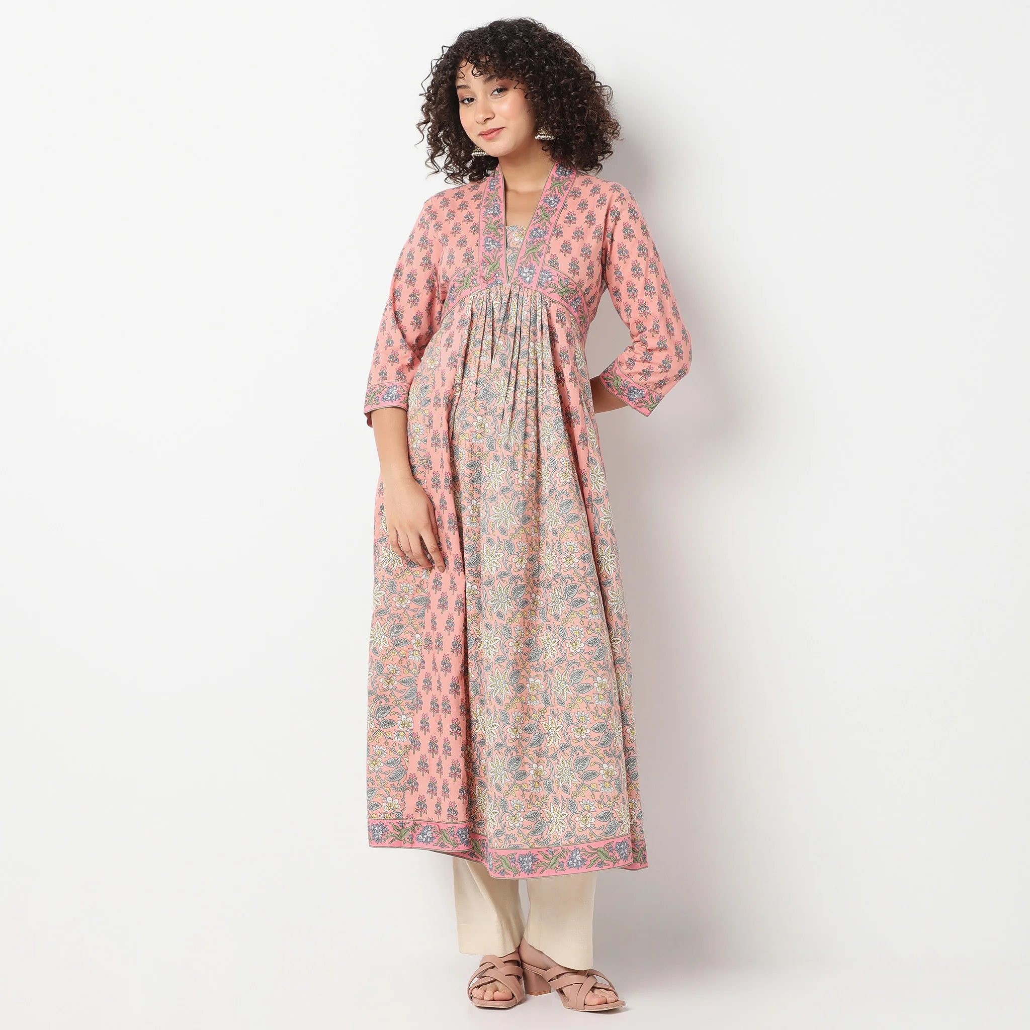 V-Neck Below Knee Three-Fourth Sleeve Flared Printed Kurta - Image 2