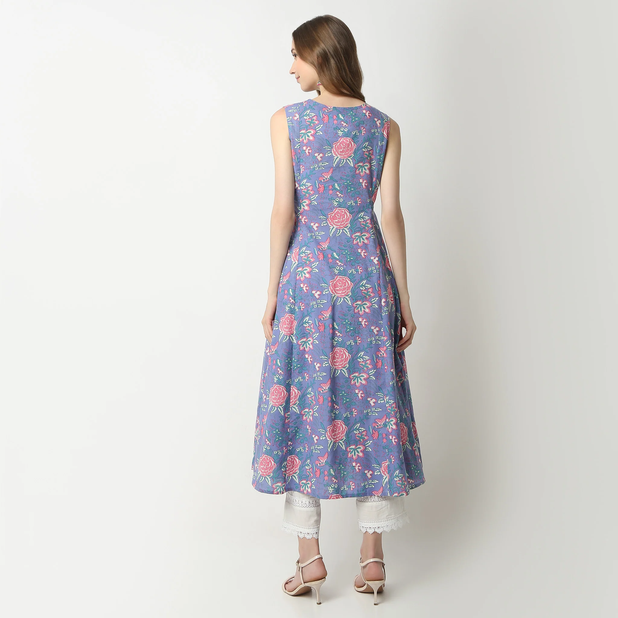 Flare Fit Printed Sleeveless V-Neck Flared Jaipur Essence Flared Below Knee Kurta - Image 3