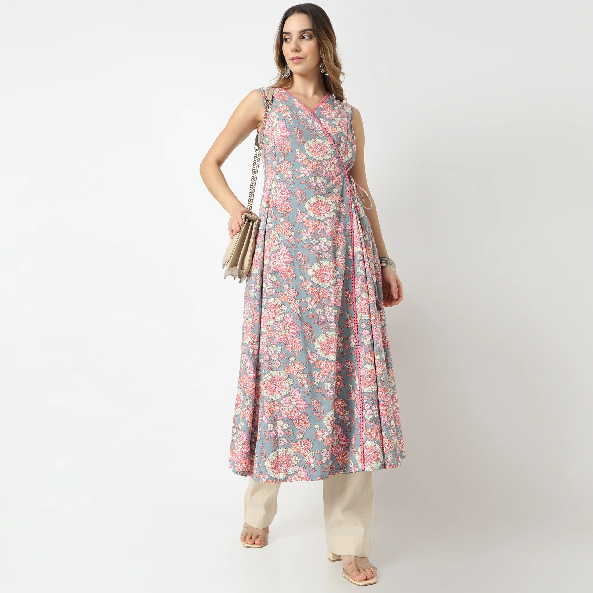 Flare Fit Printed Sleeveless V-Neck Flared Jaipur Essence Flared Below Knee Kurta