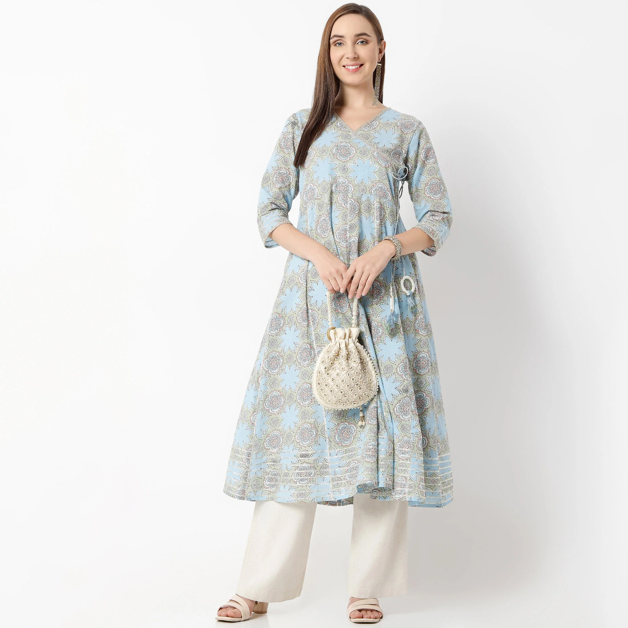Flare Fit V-Neck Printed Kurta